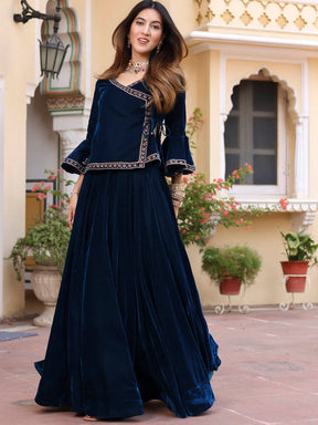 Blue Velvet Peplum Lehenga Set