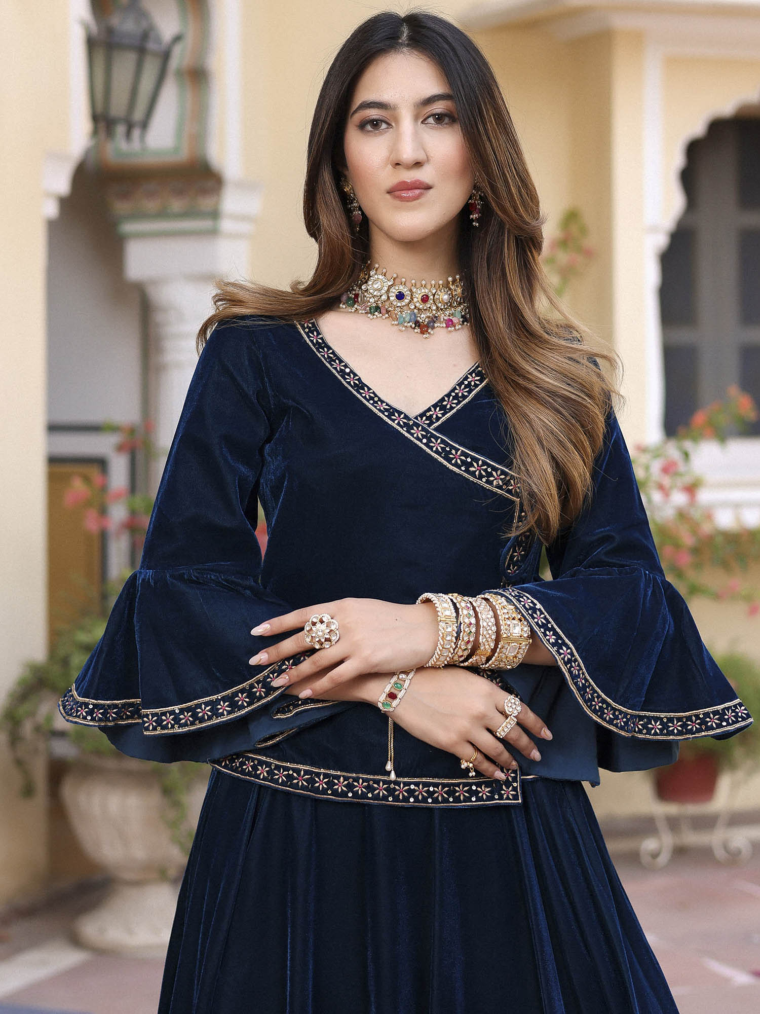 Blue Velvet Peplum Lehenga Set