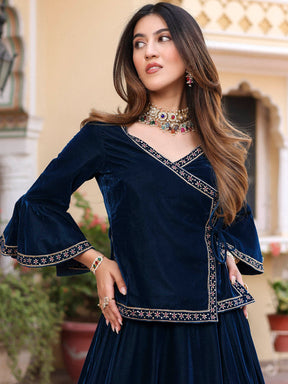 Blue Velvet Peplum Lehenga Set