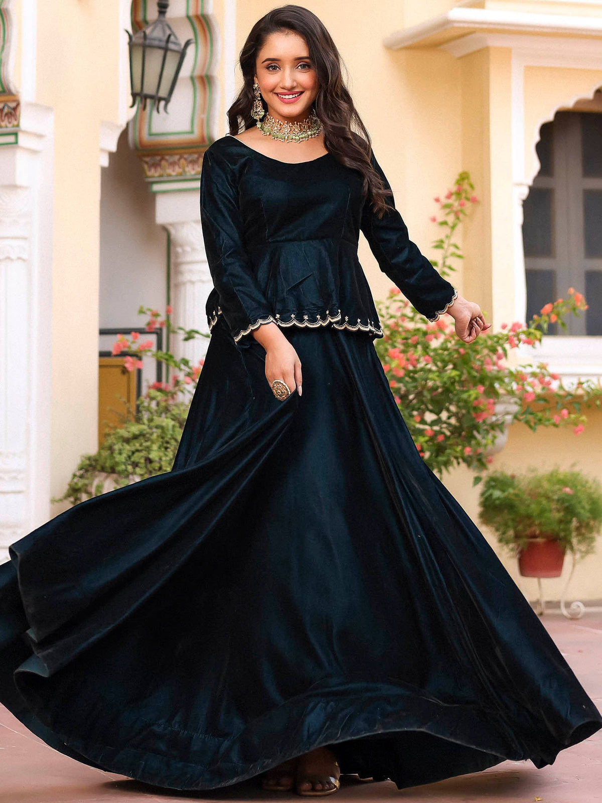 Teal Velvet Peplum Lehenga Set