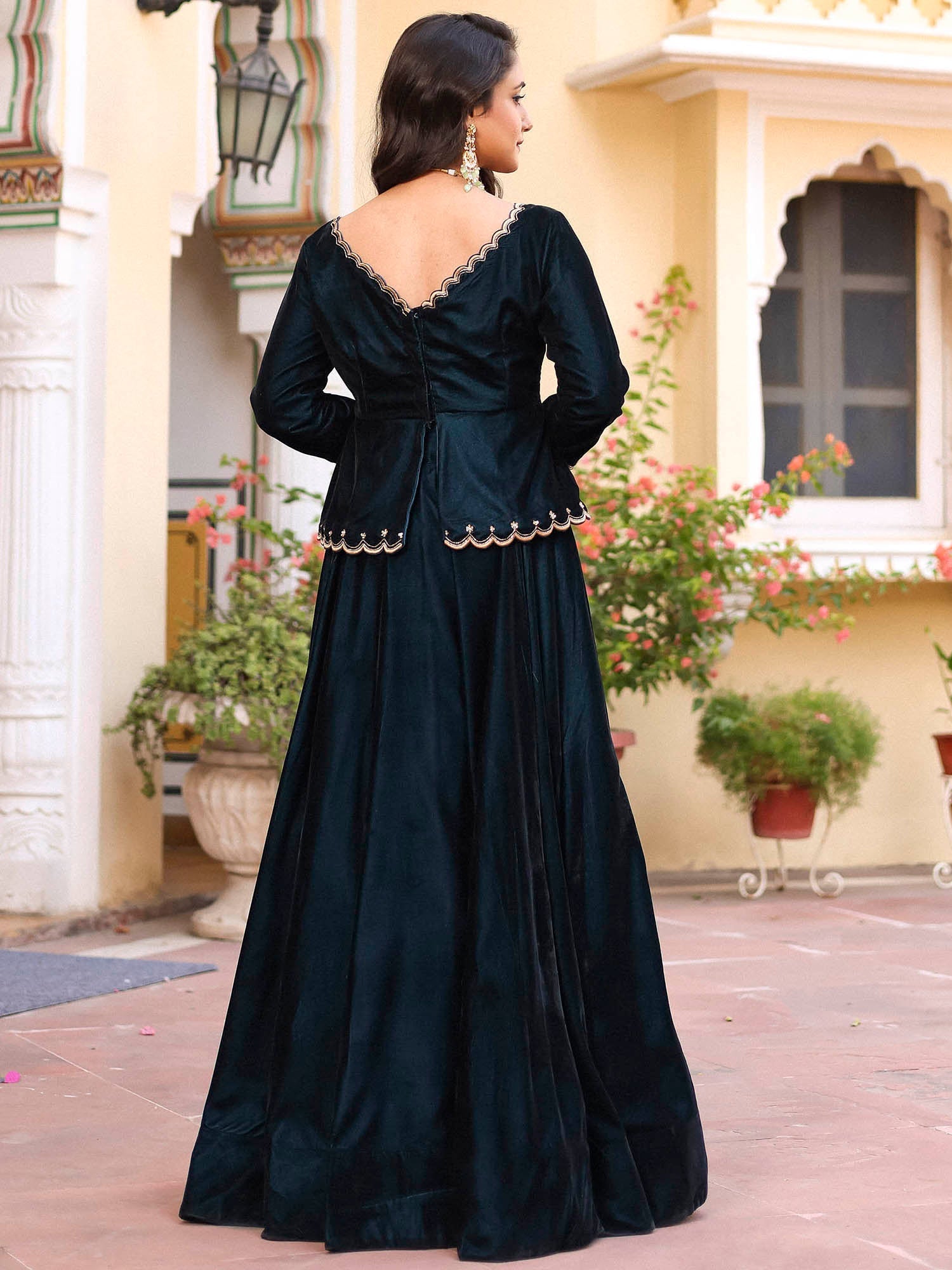 Teal Velvet Peplum Lehenga Set