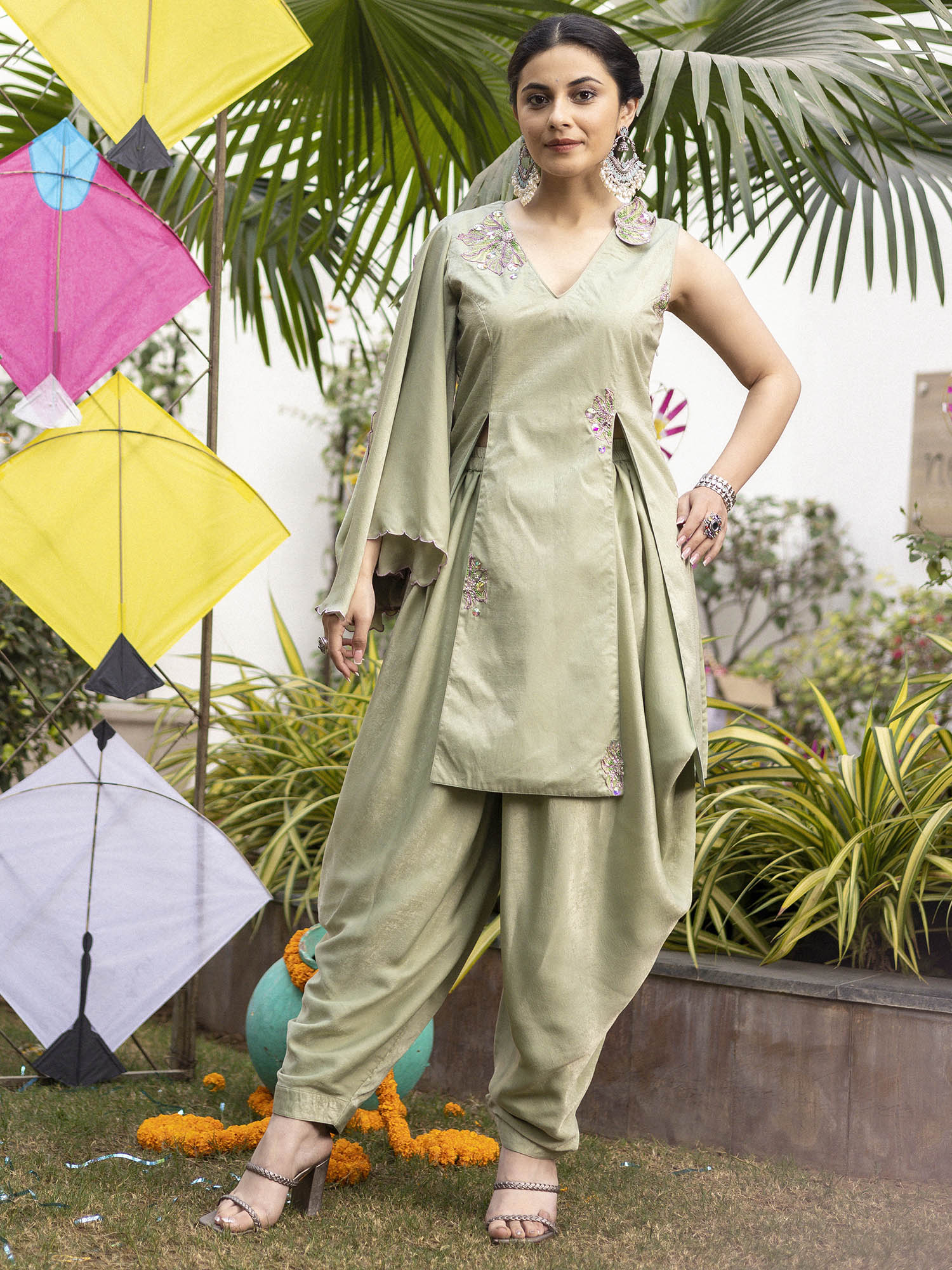 Tea Green Apricot Kurta Dhoti Set