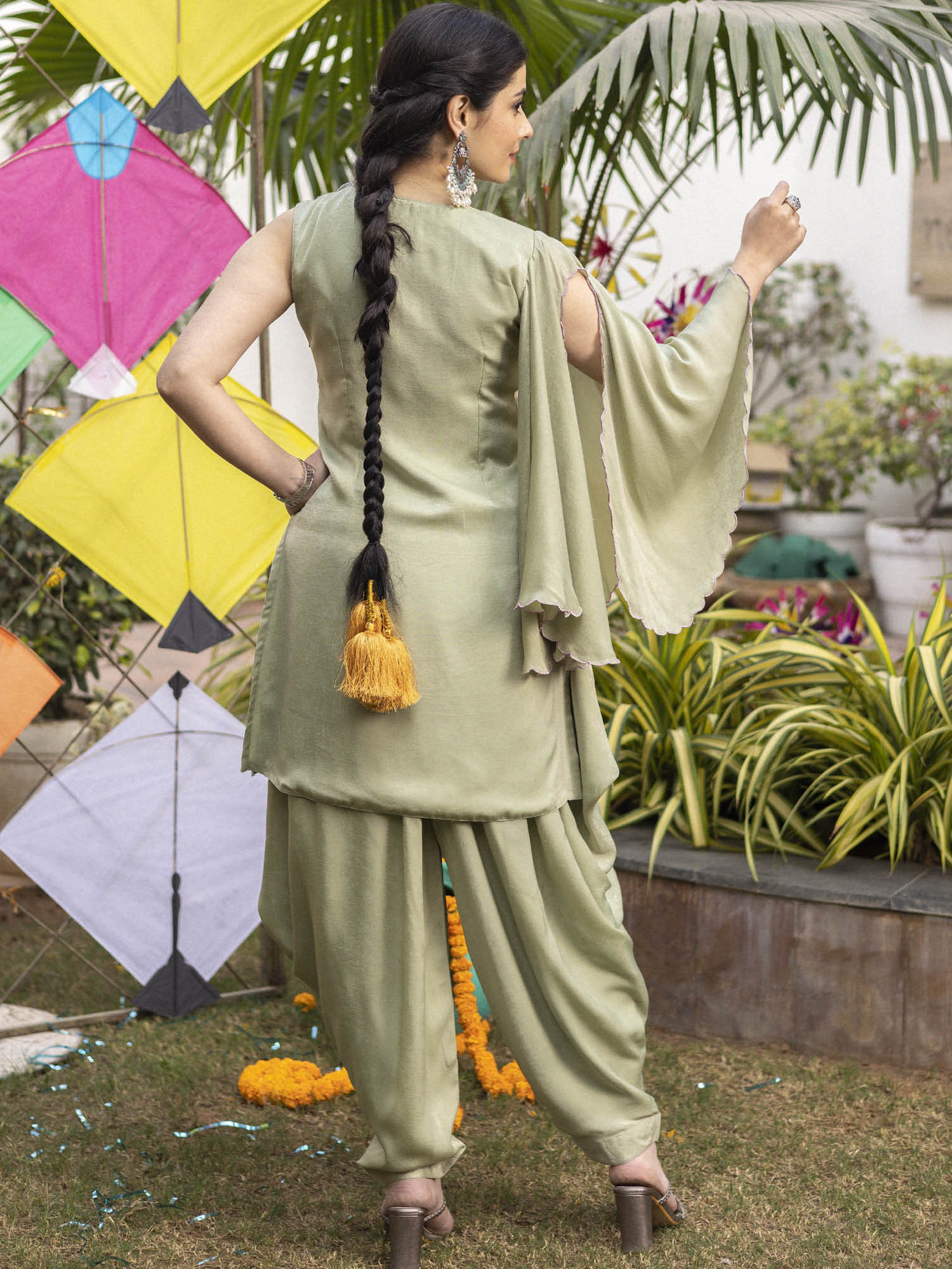 Tea Green Apricot Kurta Dhoti Set