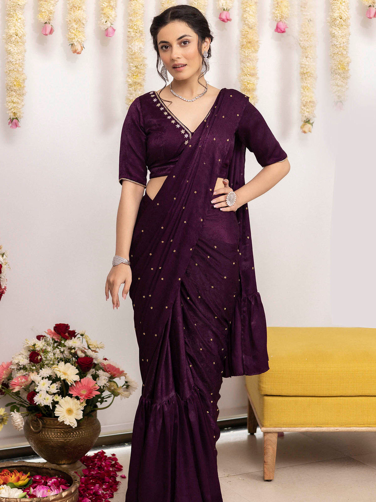 Purple Apricot Ruffle Saree