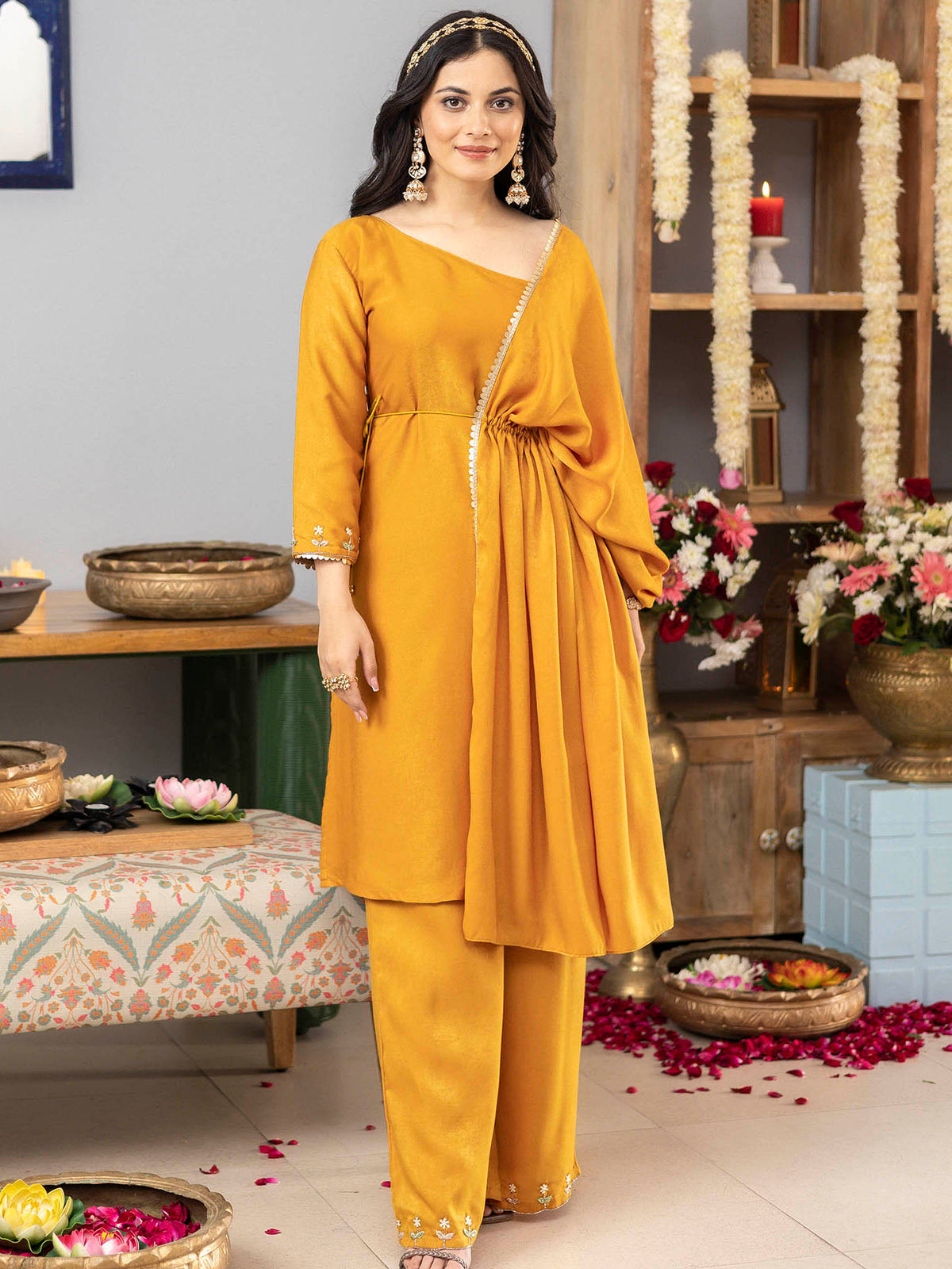 Mustard One Shoulder Apricot Kurta Set With Cape