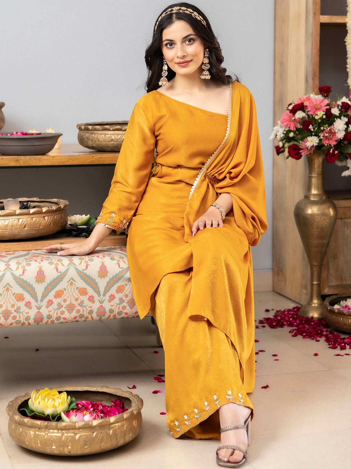 Mustard One Shoulder Apricot Kurta Set With Cape