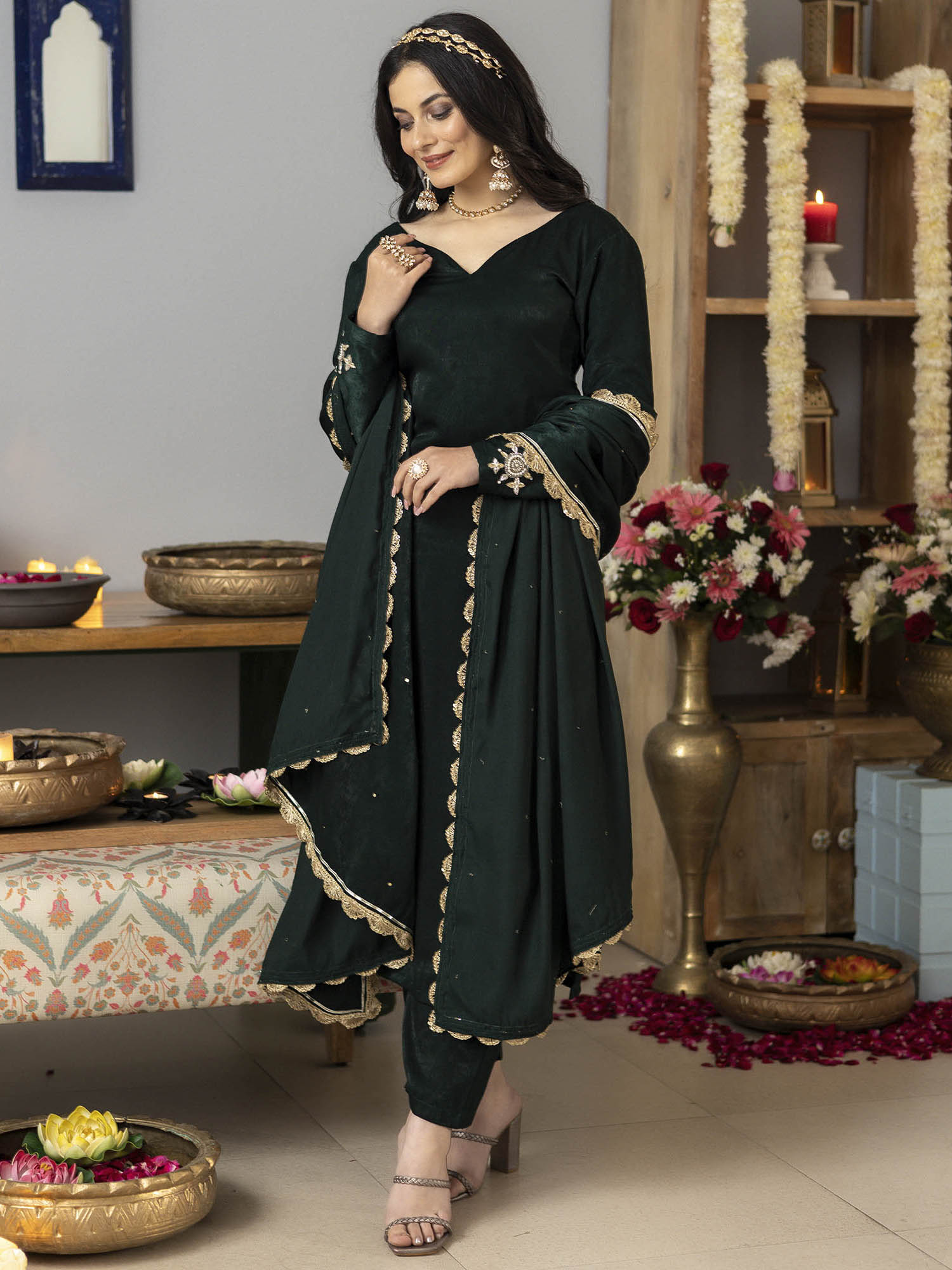 Bottle Green Apricot Kurta Set