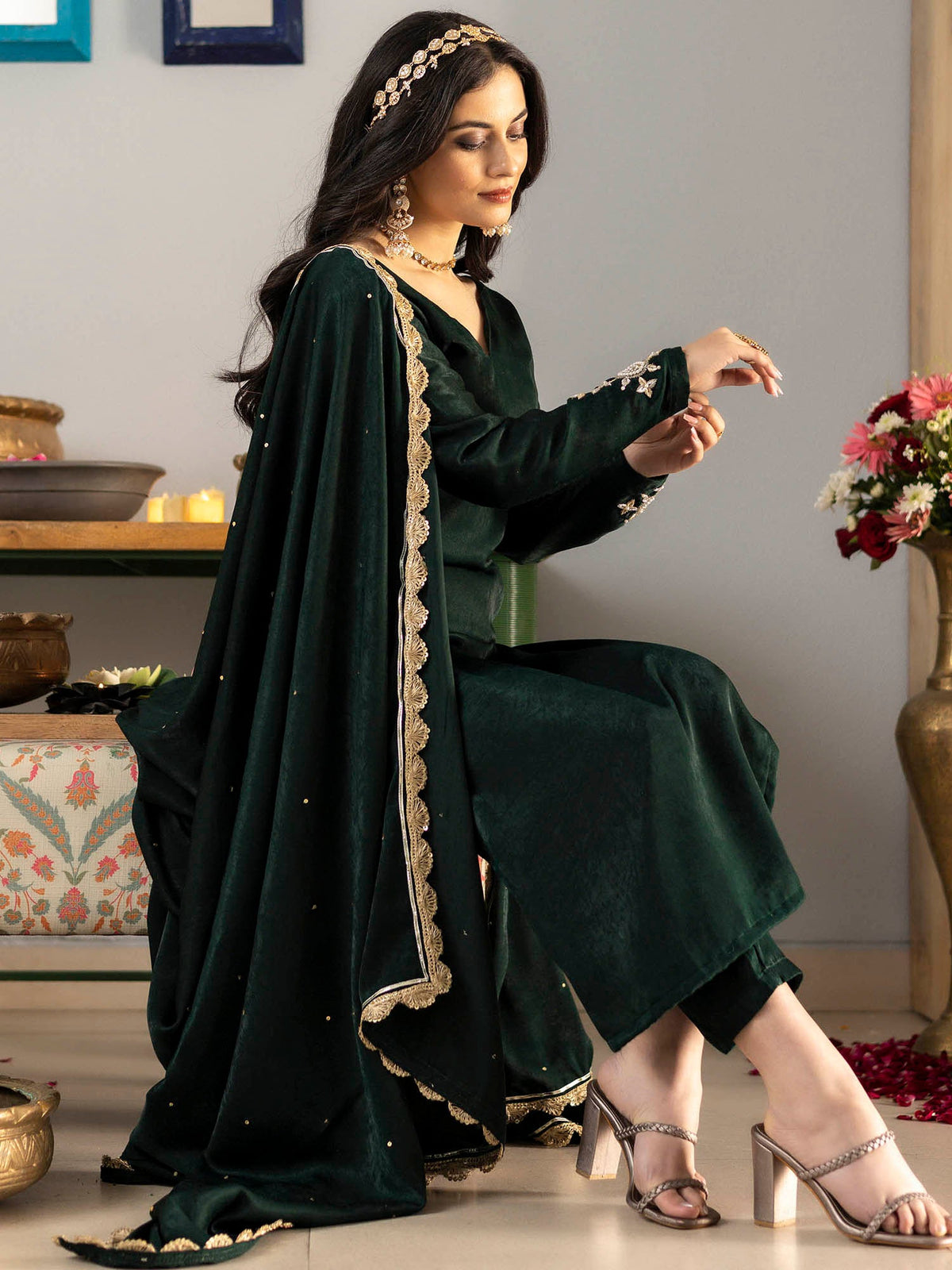 Bottle Green Apricot Kurta Set