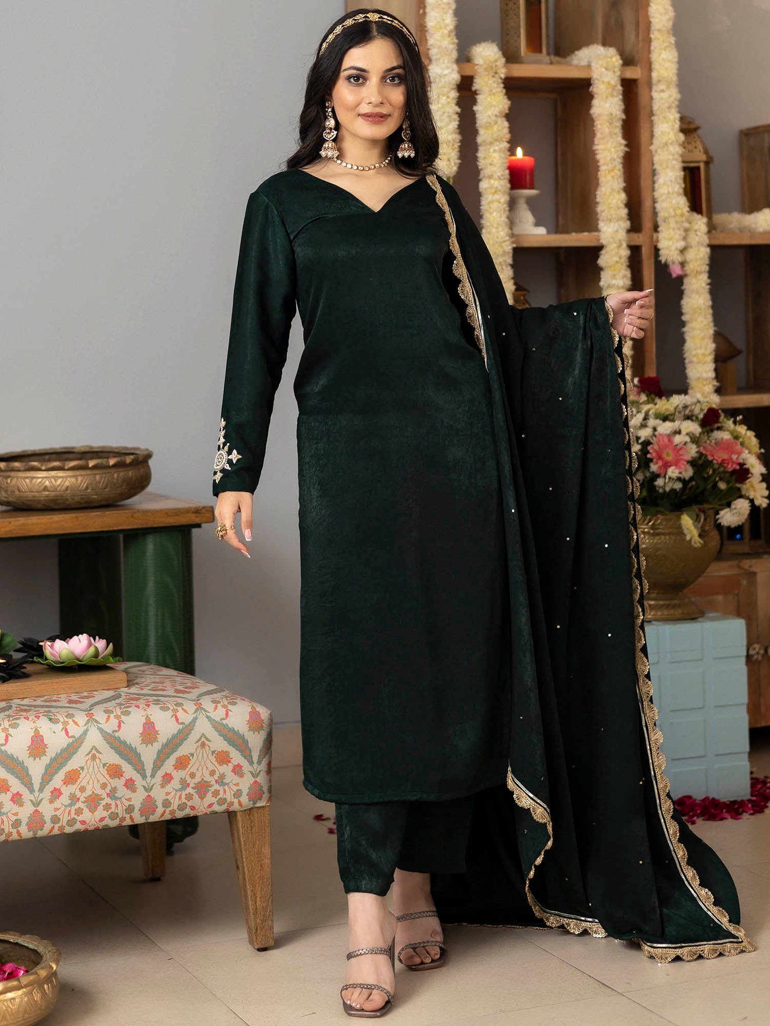 Bottle Green Apricot Kurta Set