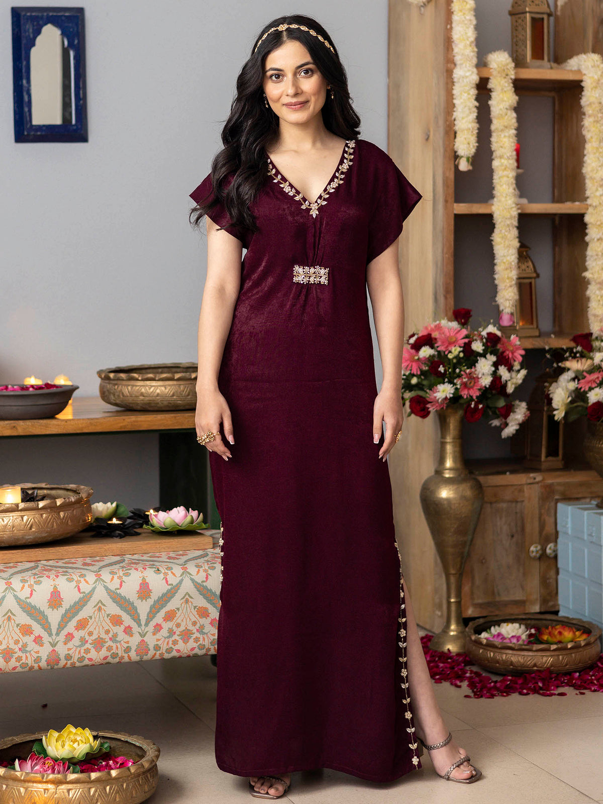 Burgundy Apricot kaftan Dress