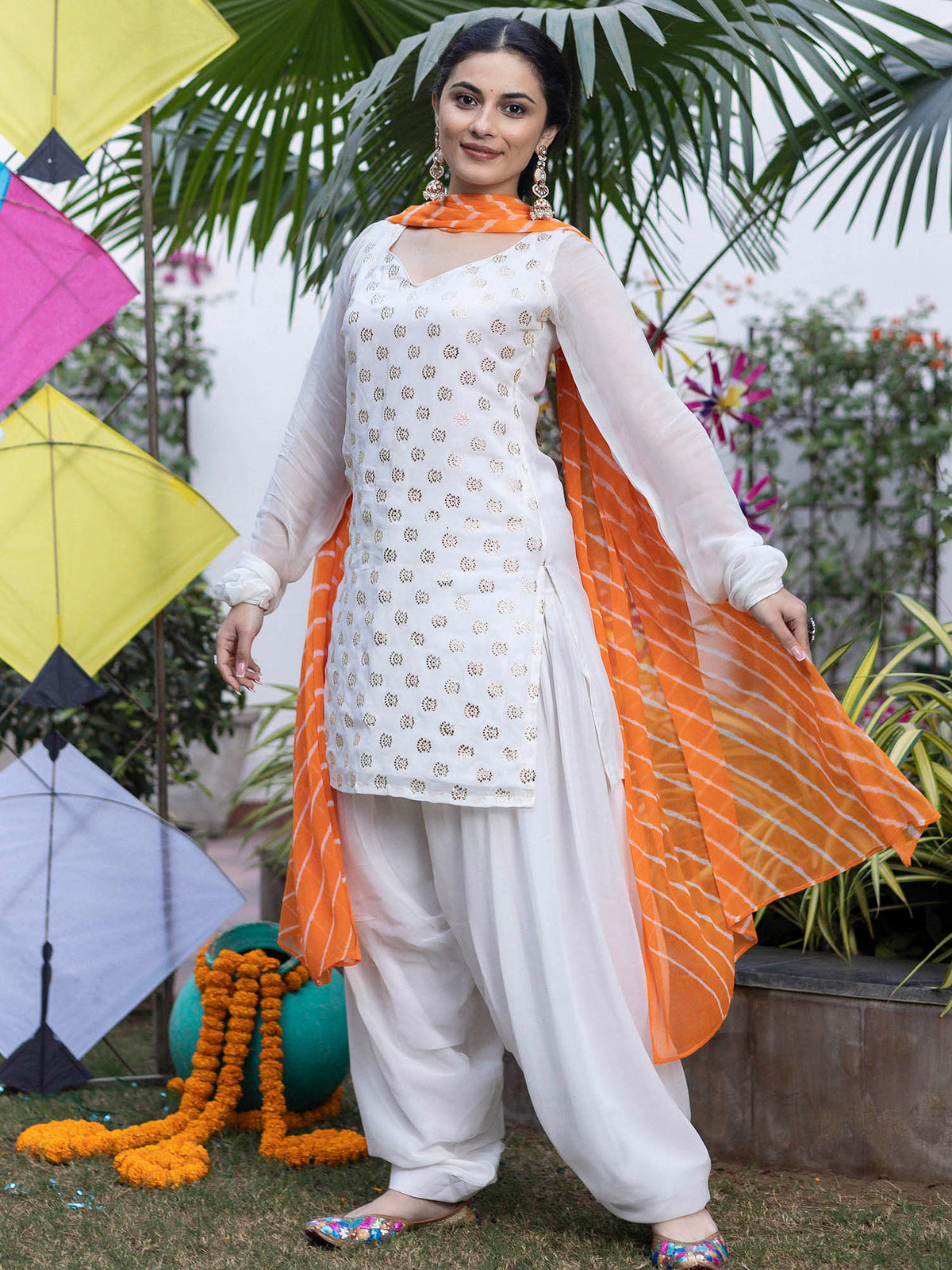 White Mukaish Patiyala Suit With Orange Leheriya Dupatta