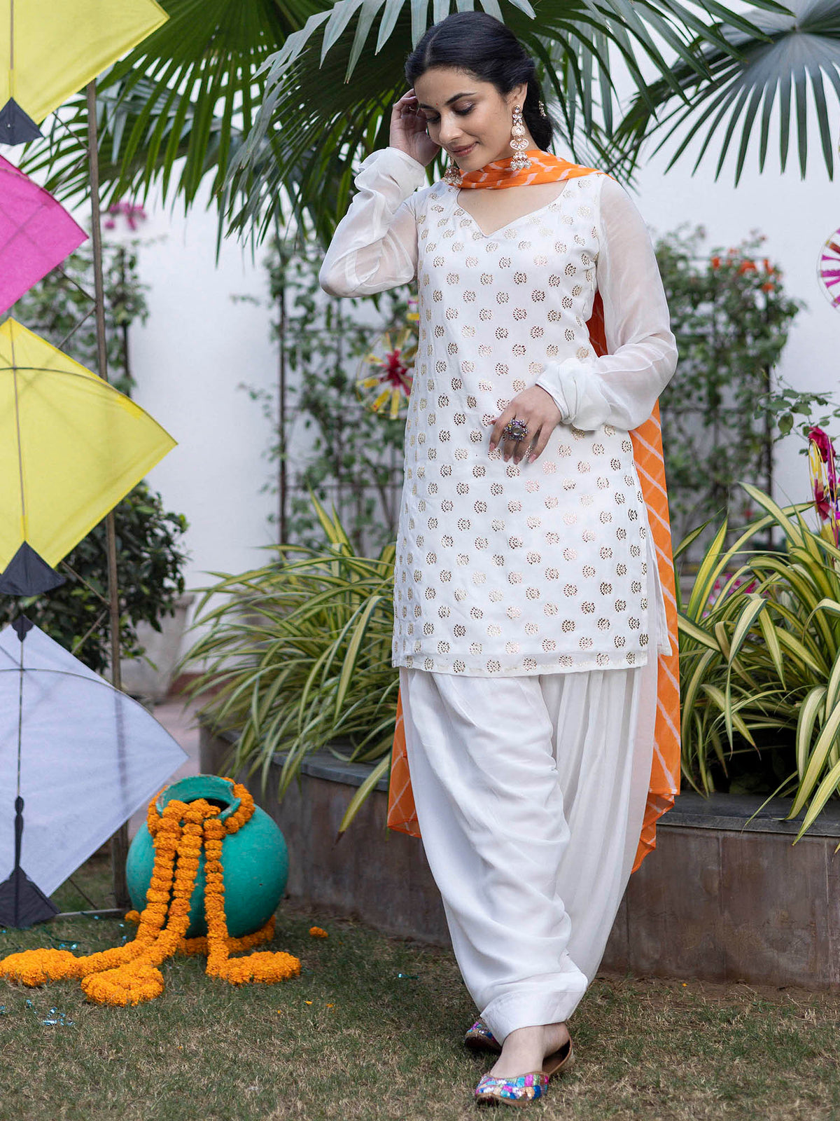 White Mukaish Patiyala Suit With Orange Leheriya Dupatta