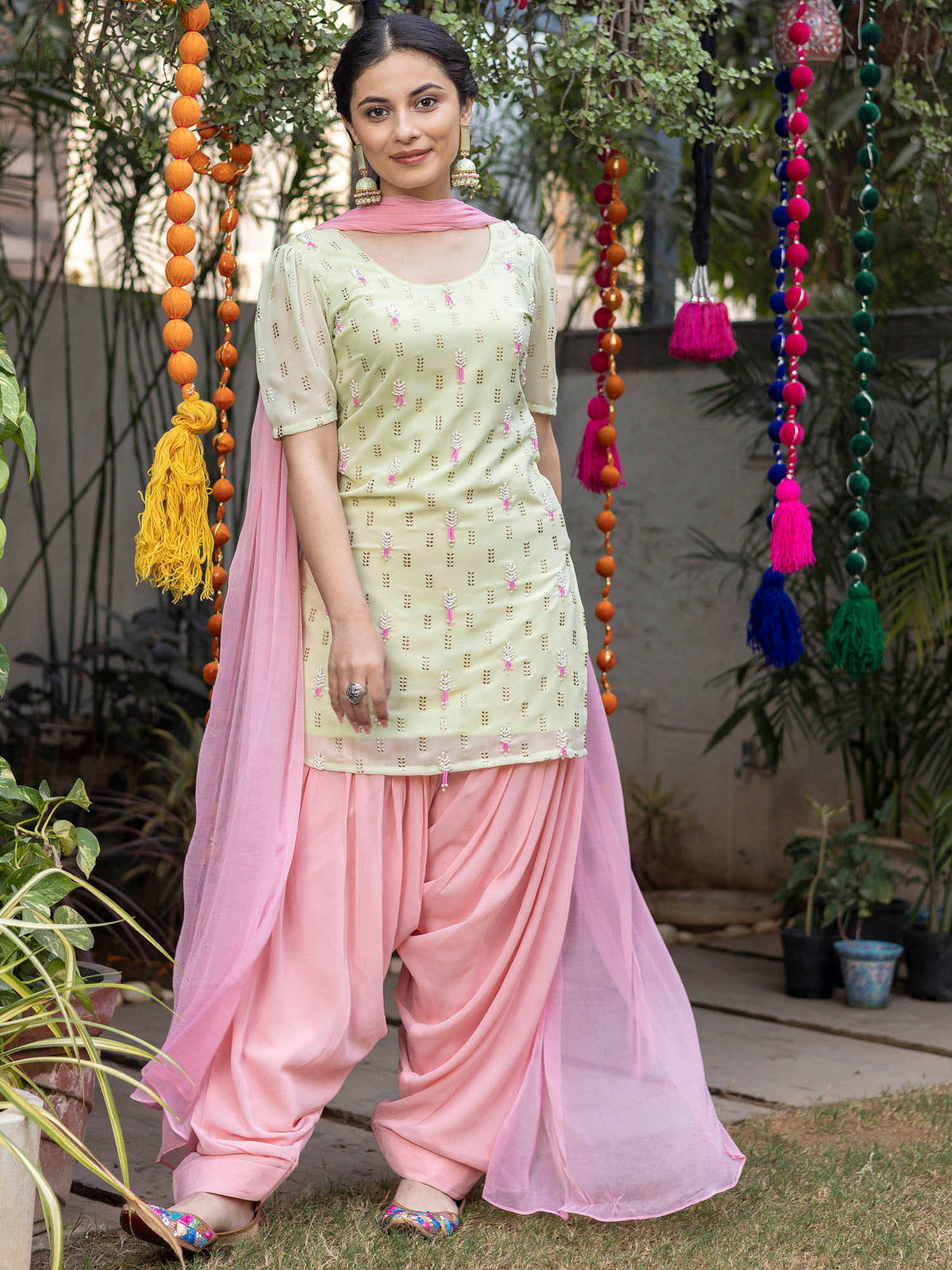 Green Pink Hand Embroidered Patiyala Suit Set