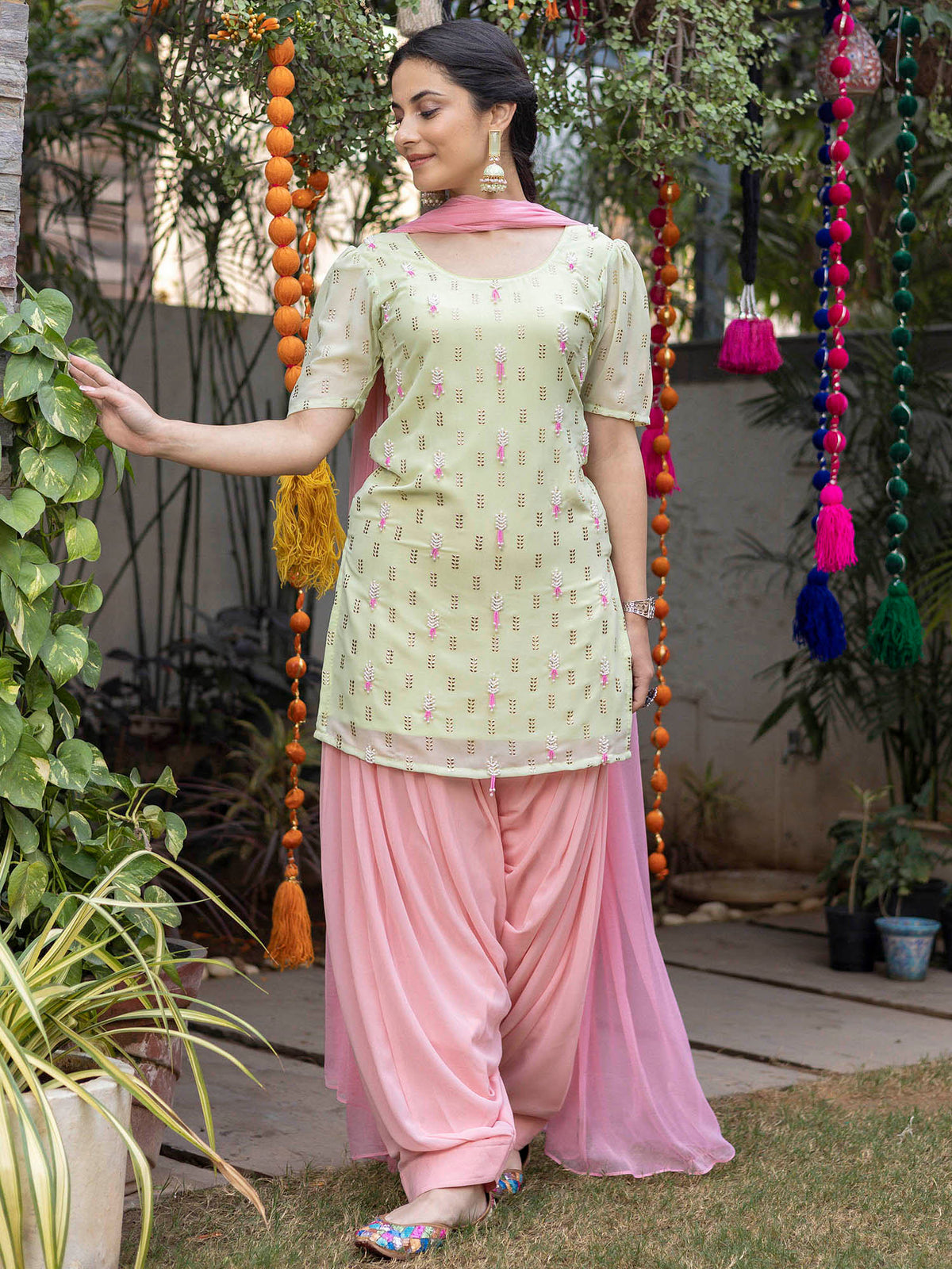 Green Pink Hand Embroidered Patiyala Suit Set