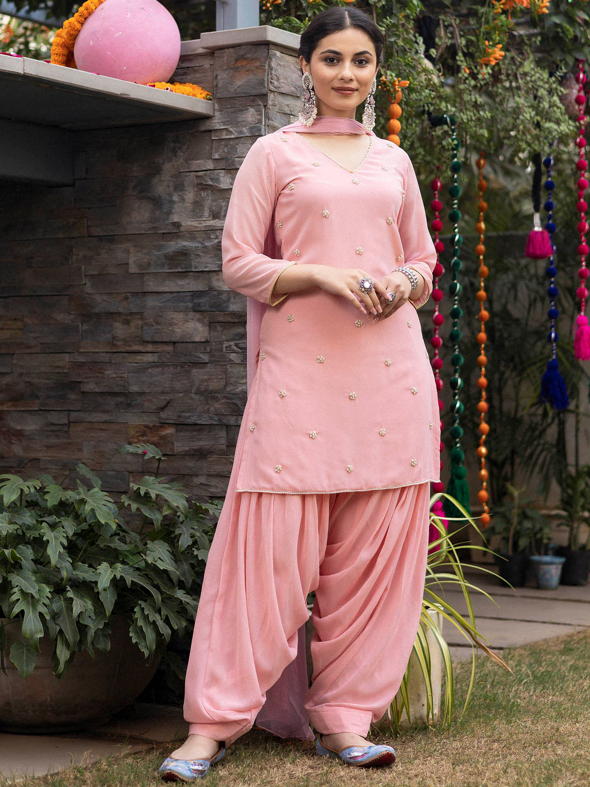 Pink Hand Embroidered Patiyala Suit