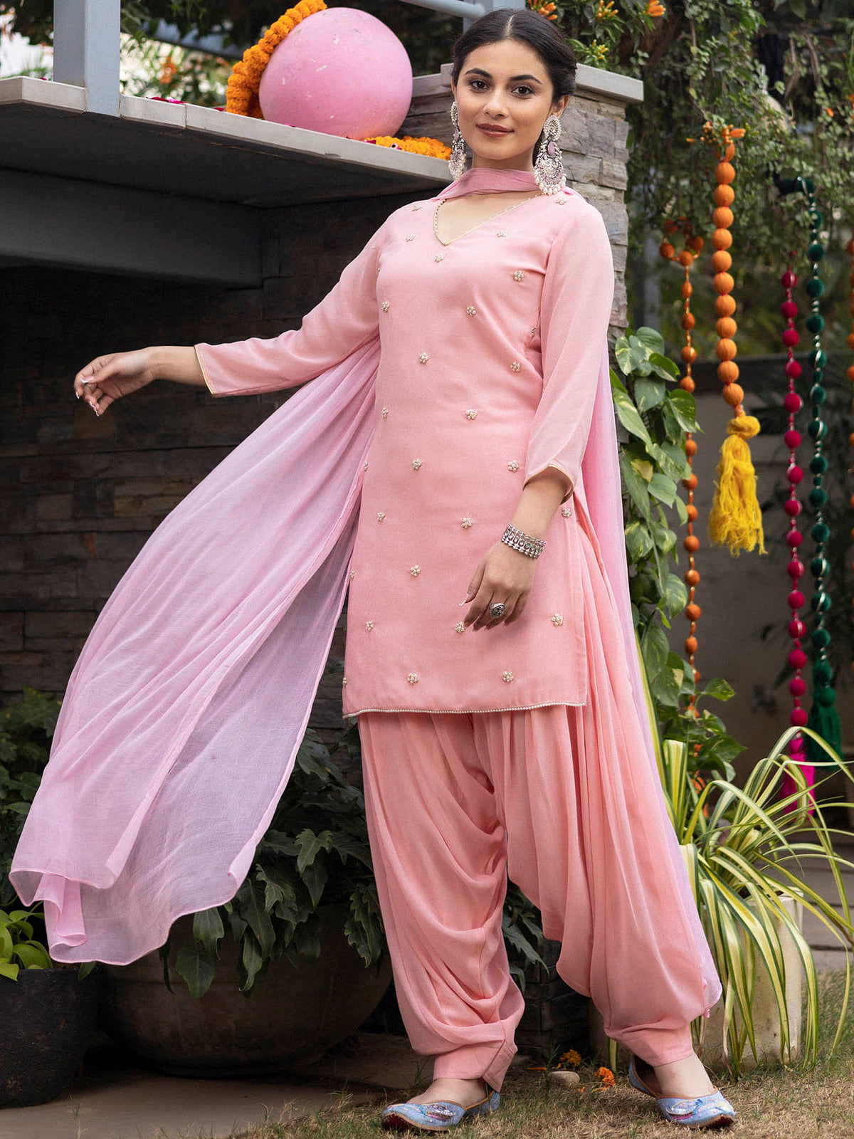 Pink Hand Embroidered Patiyala Suit