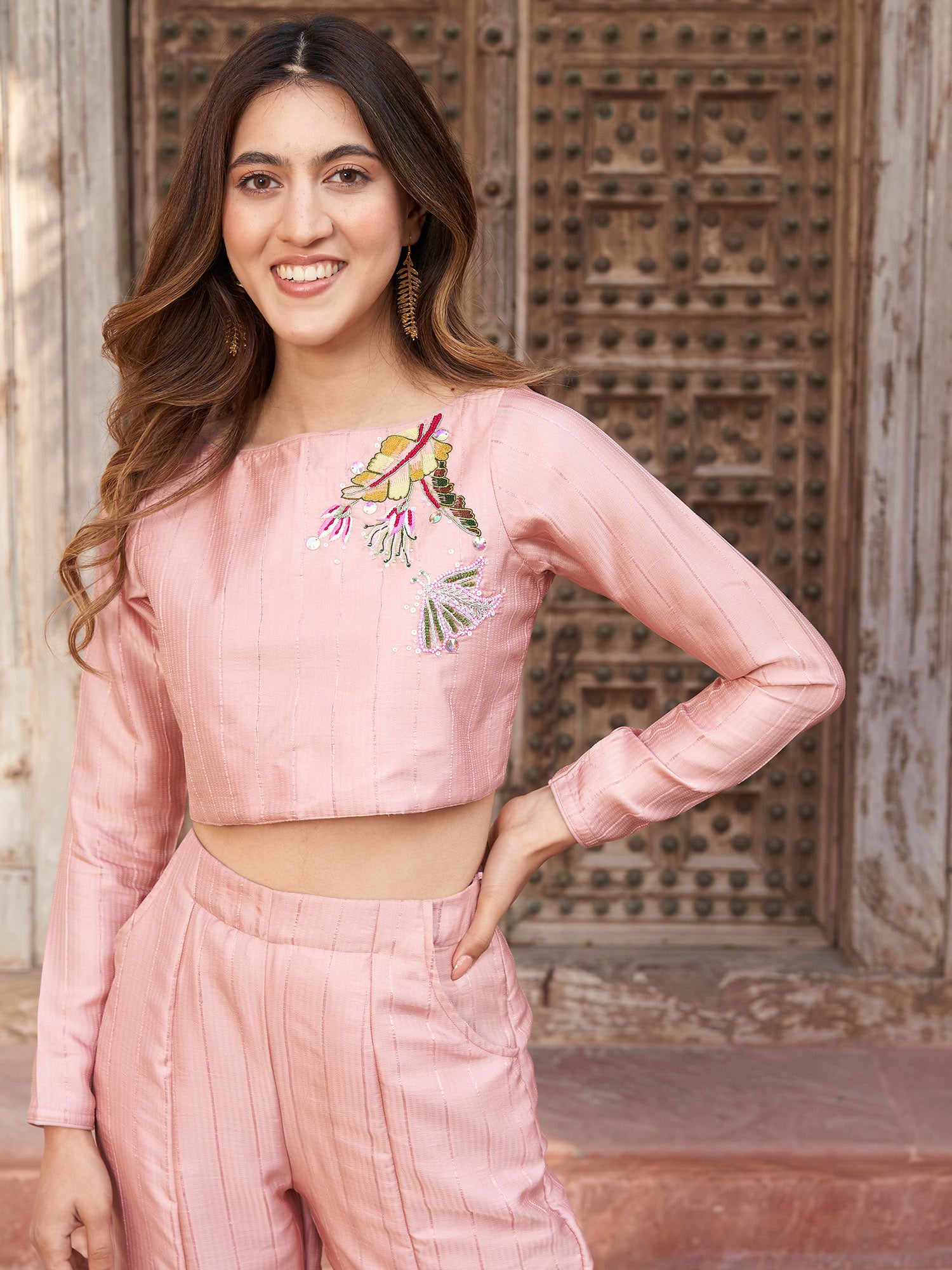 ROSE PINK CROP TOP WITH BELL BOTTOMS