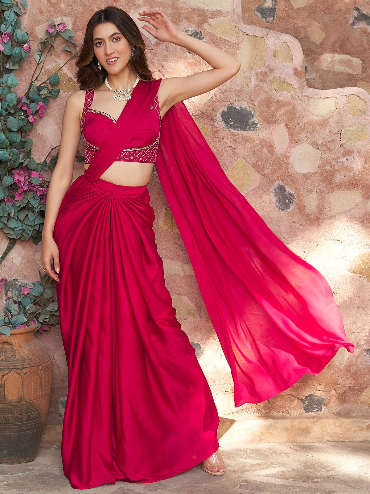 Ruby Pink Draped Saree Set