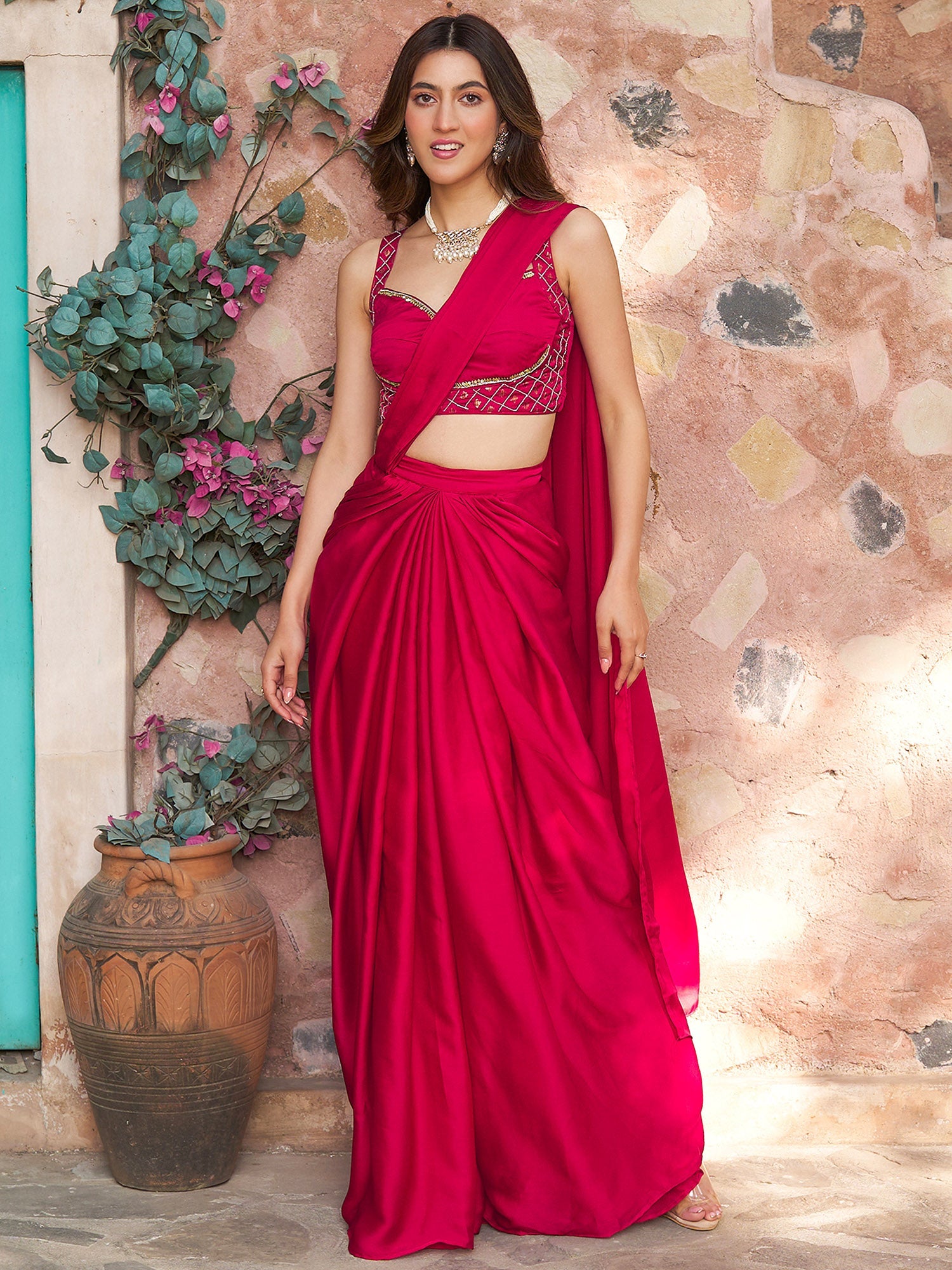 Ruby Pink Draped Saree Set