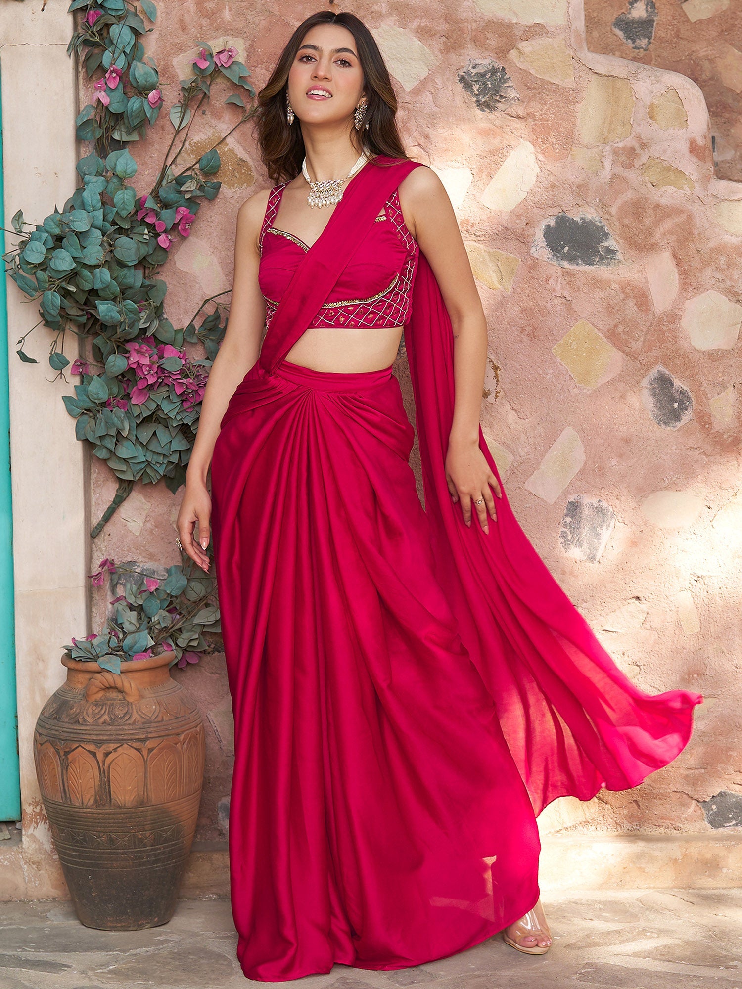 Ruby Pink Draped Saree Set