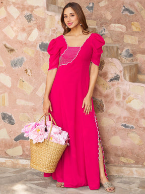 Pink Hand Embroidered Slit Gown