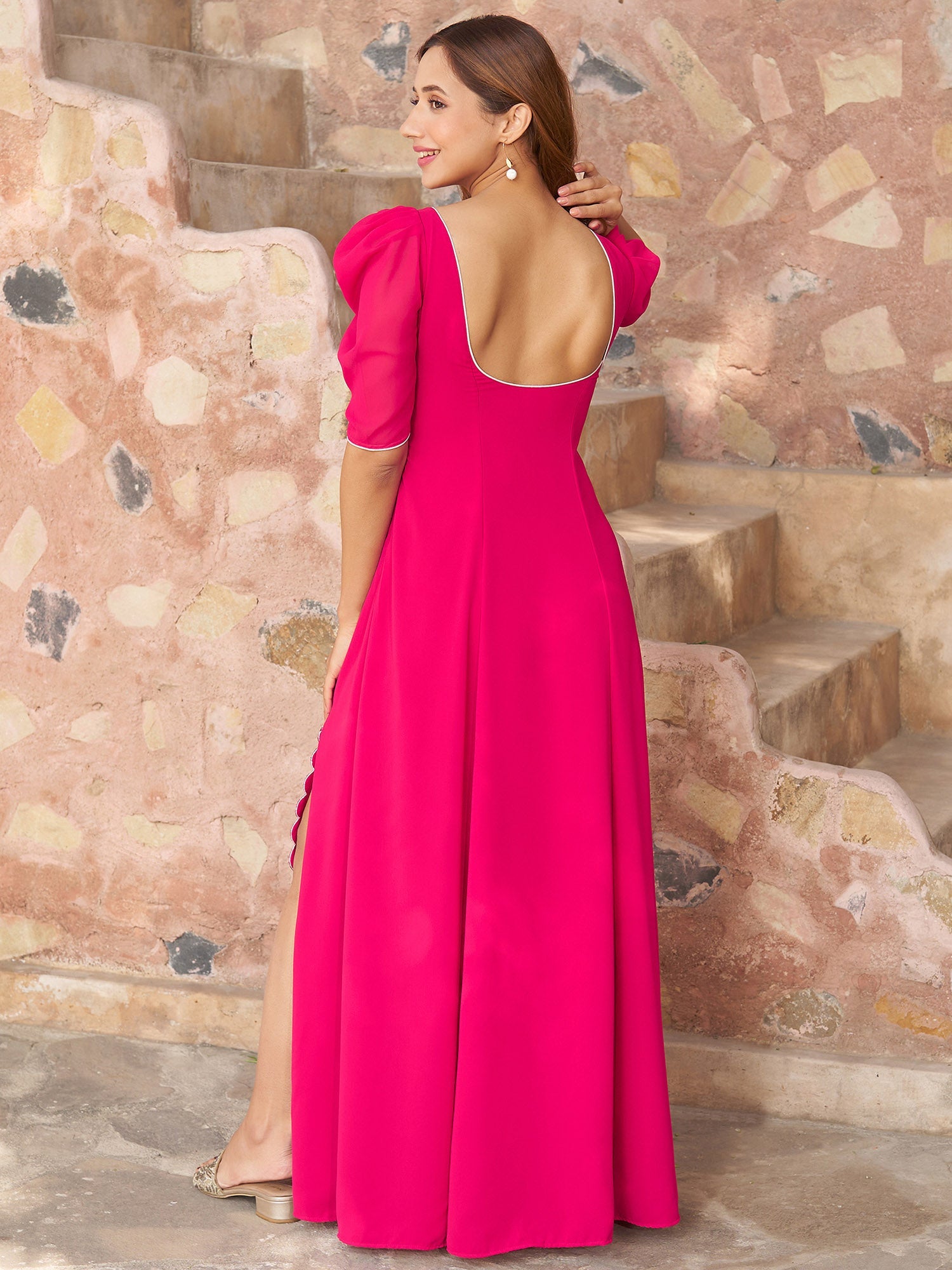 Pink Hand Embroidered Slit Gown