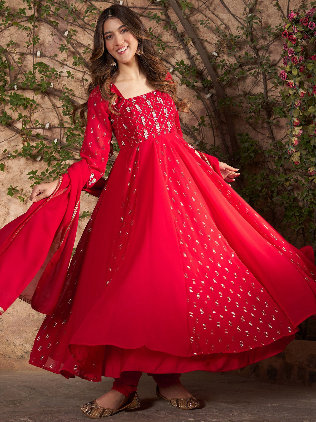 RED MUKAISH ANARKALI SET