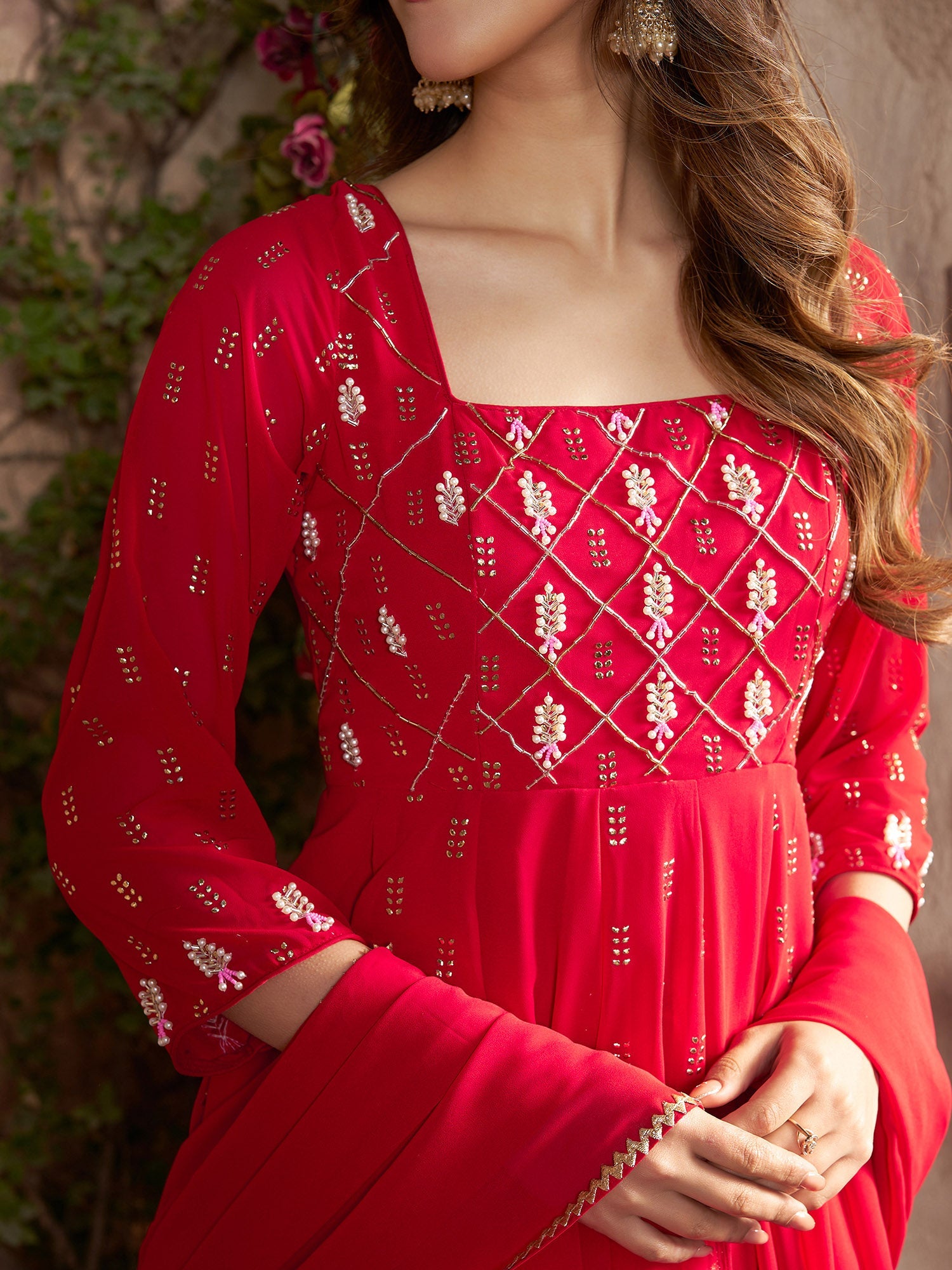 RED MUKAISH ANARKALI SET