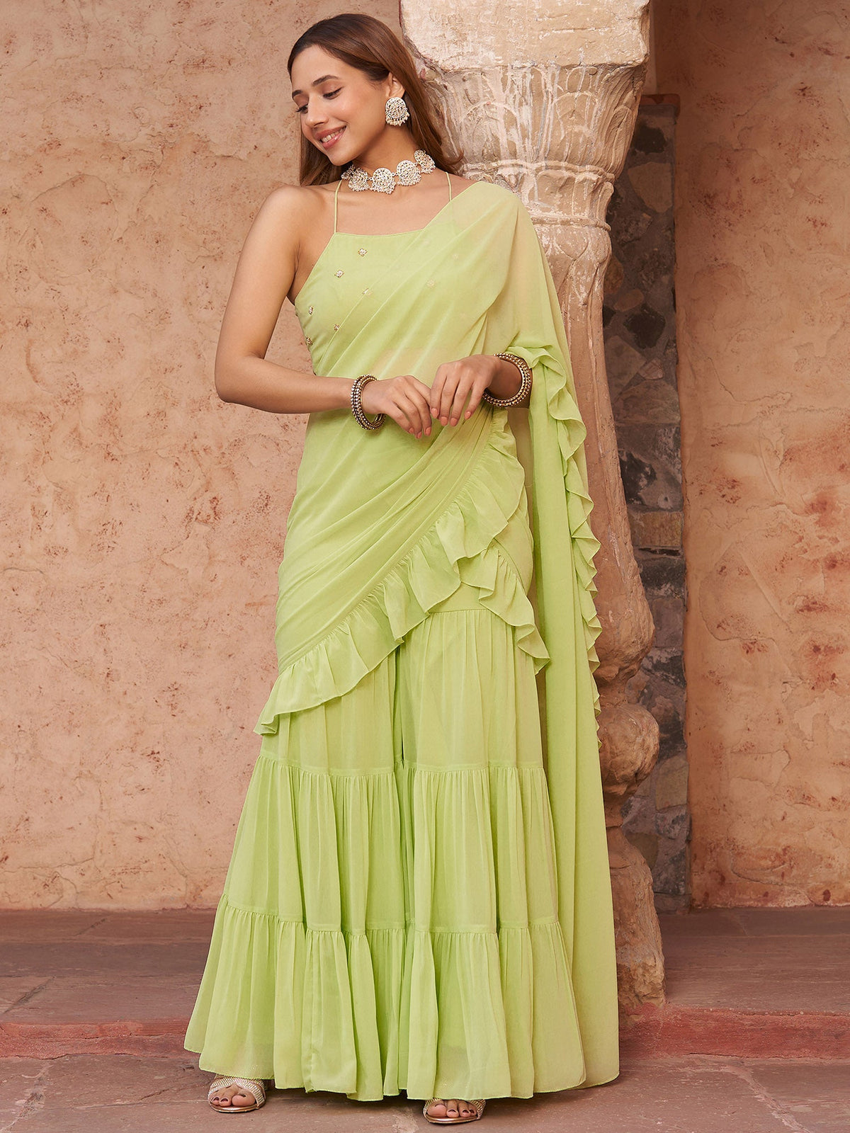 LIME SHARARA DRAPED SAREE