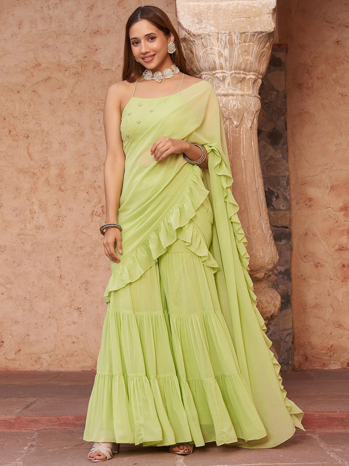 LIME SHARARA DRAPED SAREE