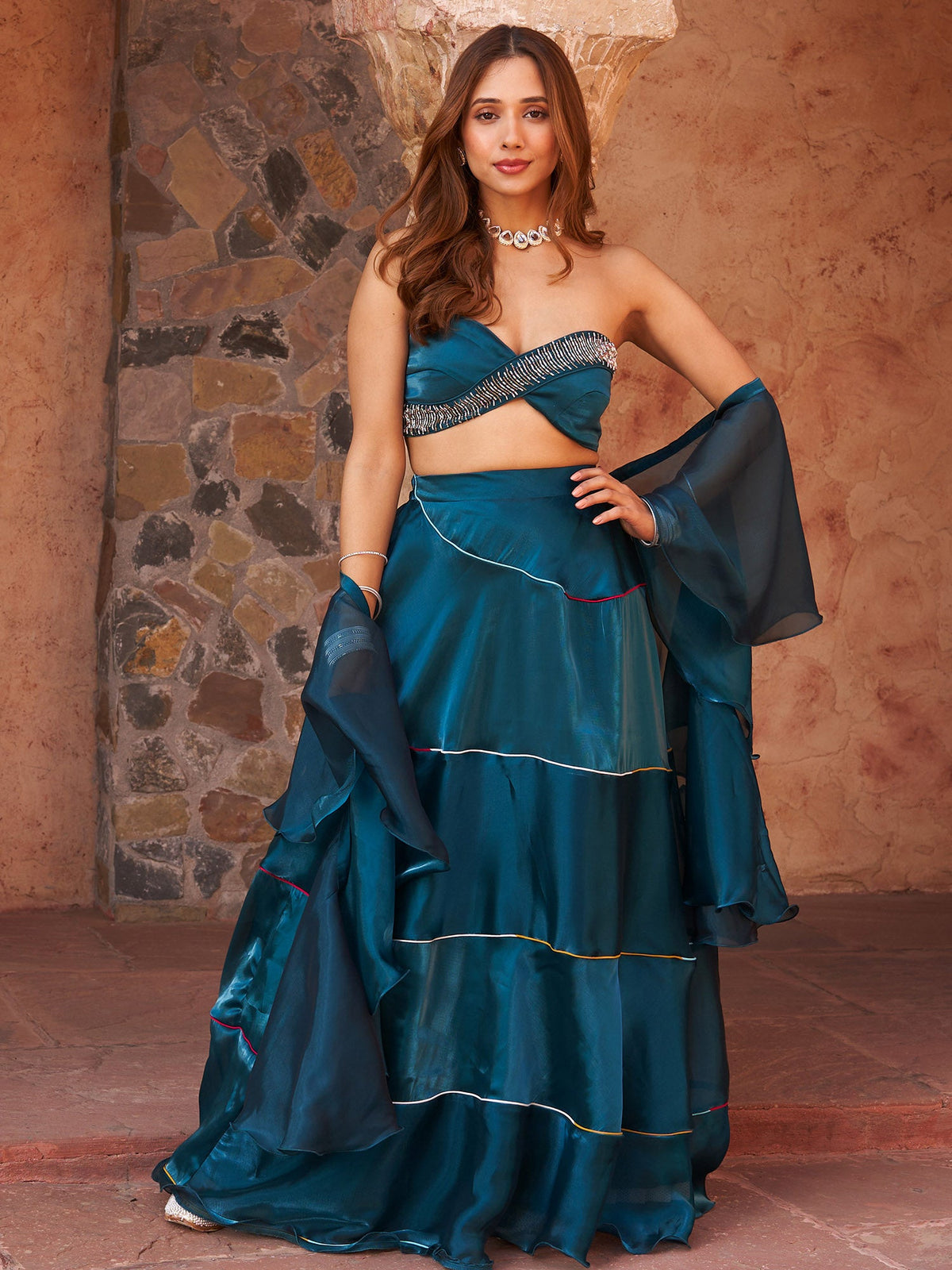 TEAL GREEN SPIRAL LEHENGA