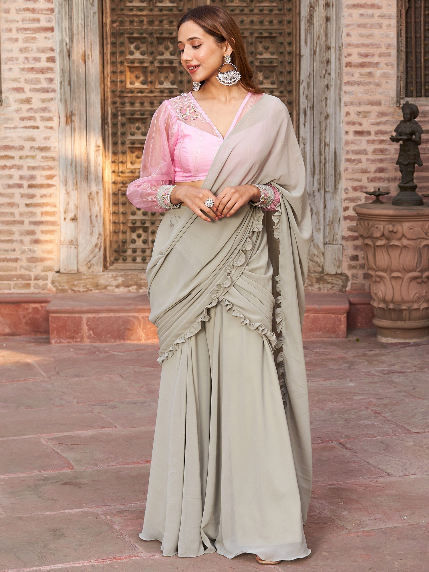 PINK AND GREY PALAZZO SAREE