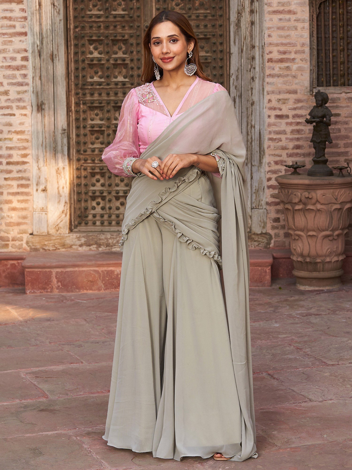 PINK AND GREY PALAZZO SAREE