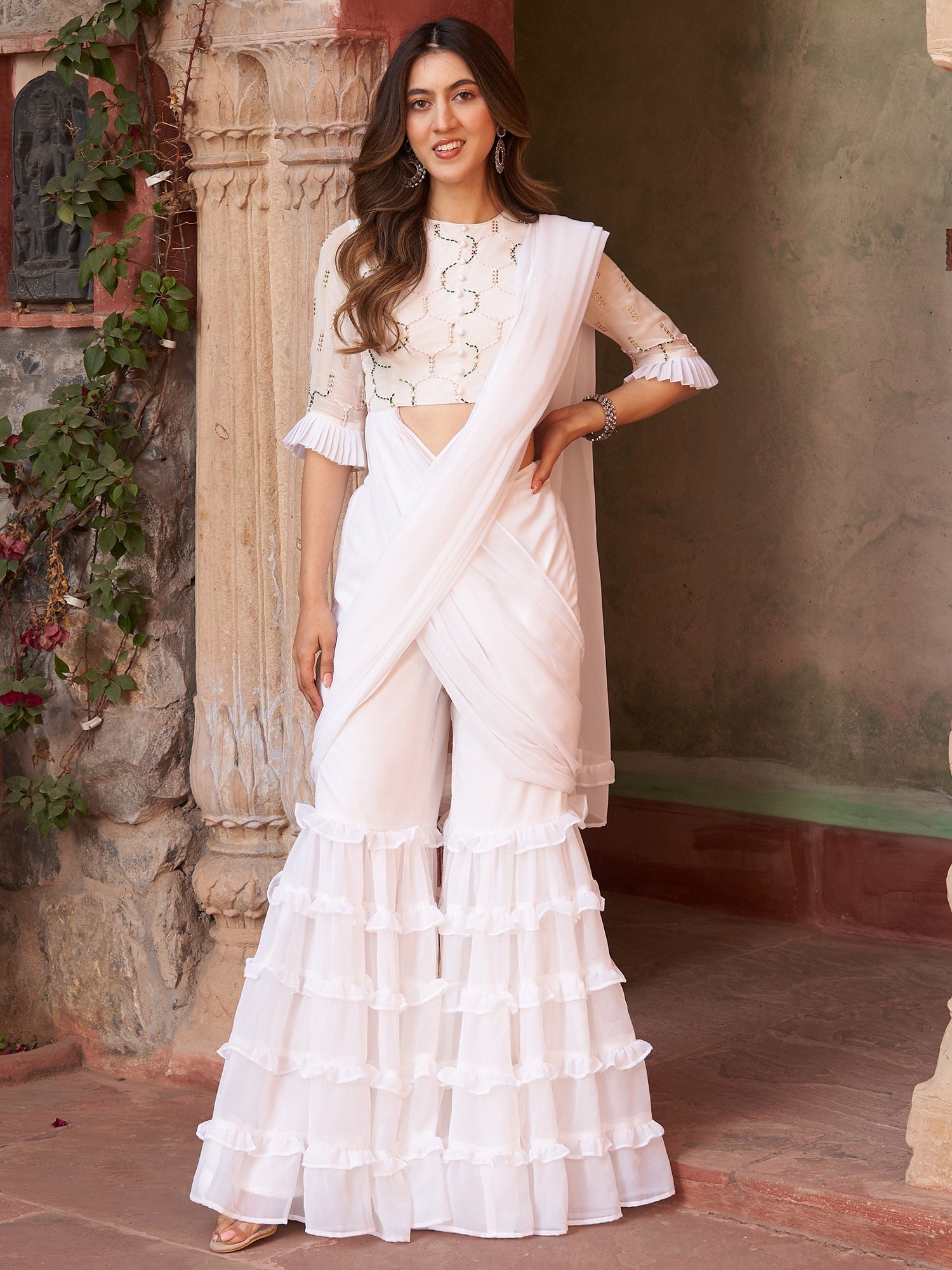 WHITE SHARARA SAREE WITH BLOUSE