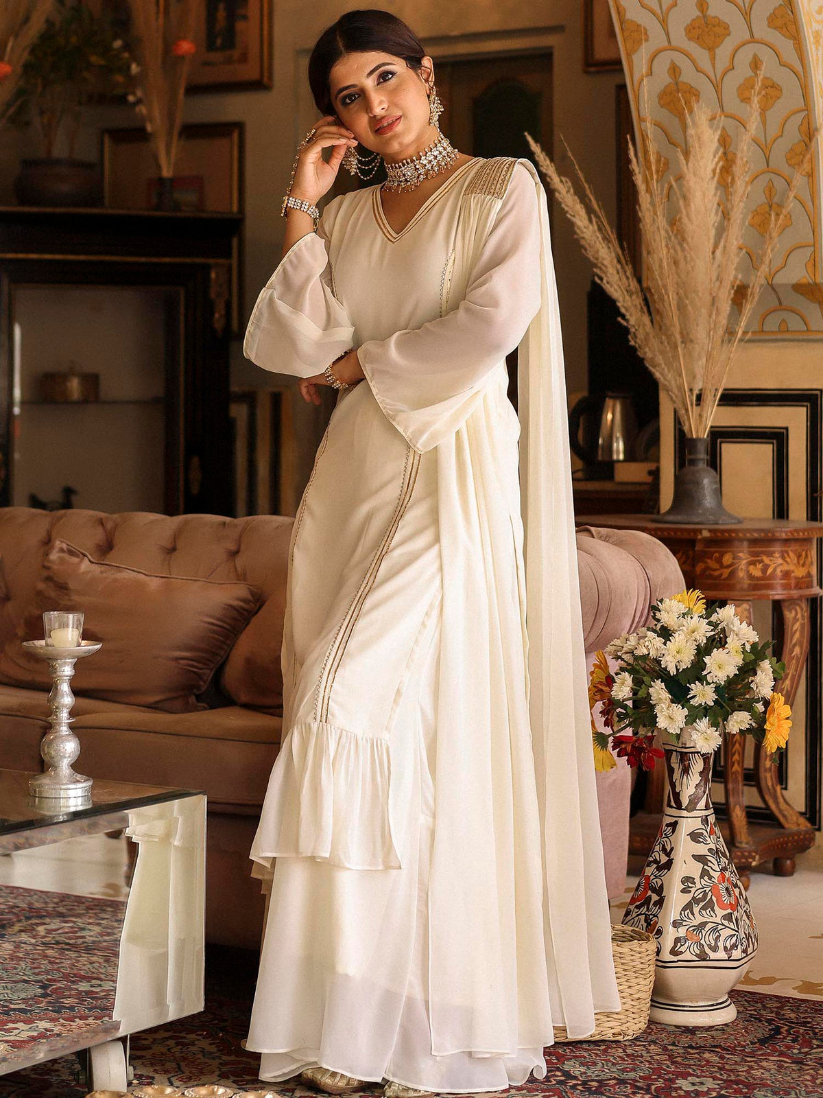 OFF WHITE KURTA SHARARA SET