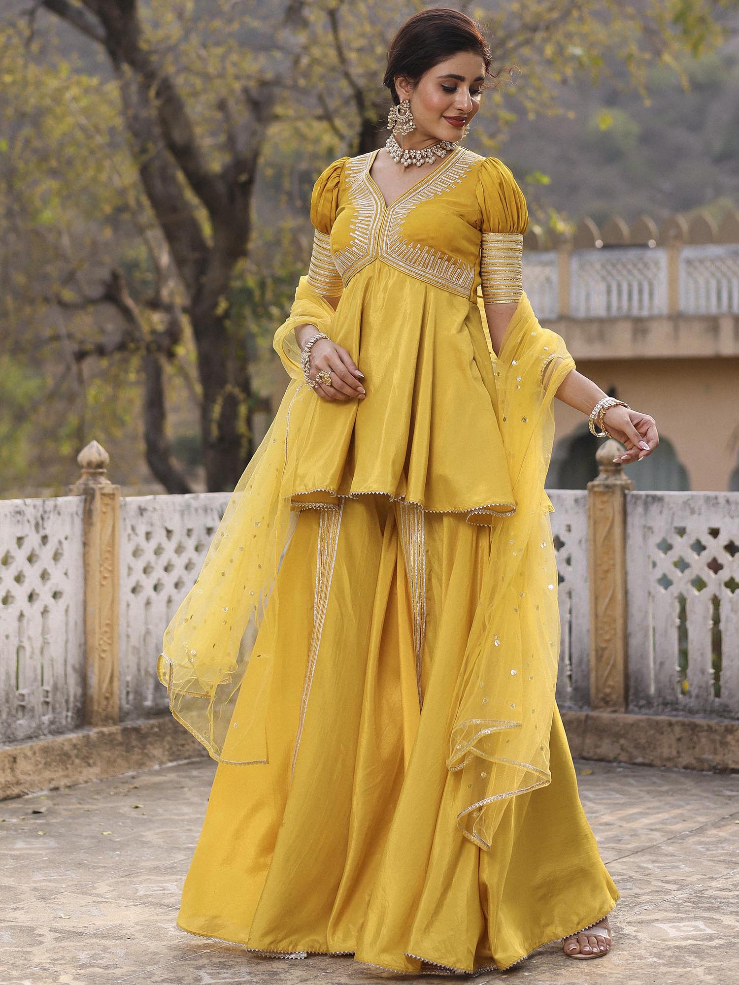 MUSTARD PEPLUM GHARARA SET