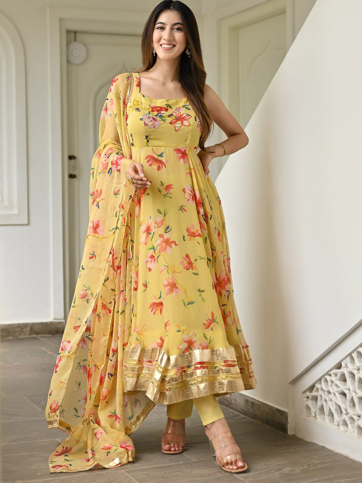 Yellow Printed Anarkali