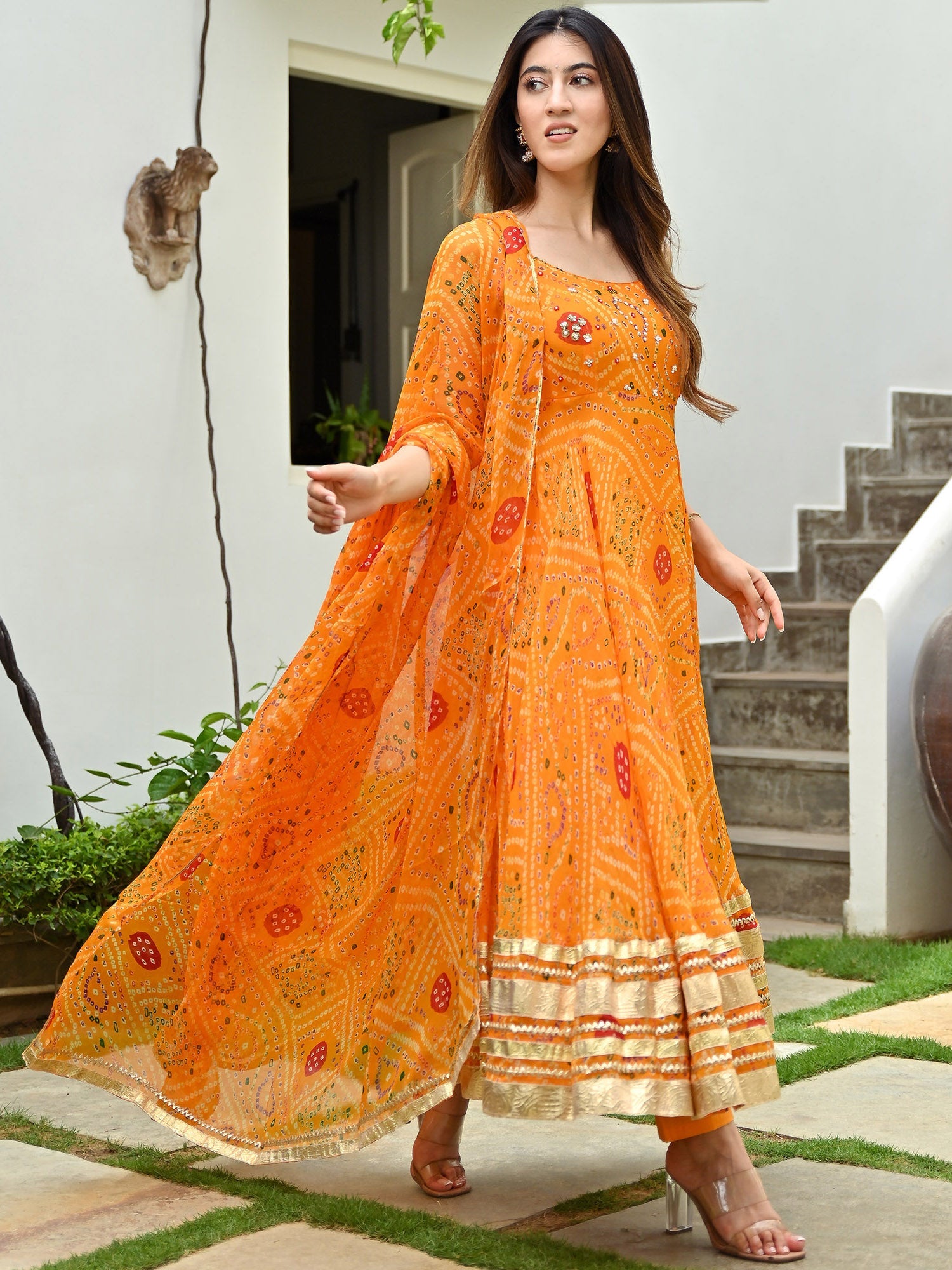 Orange Printed Anarkali