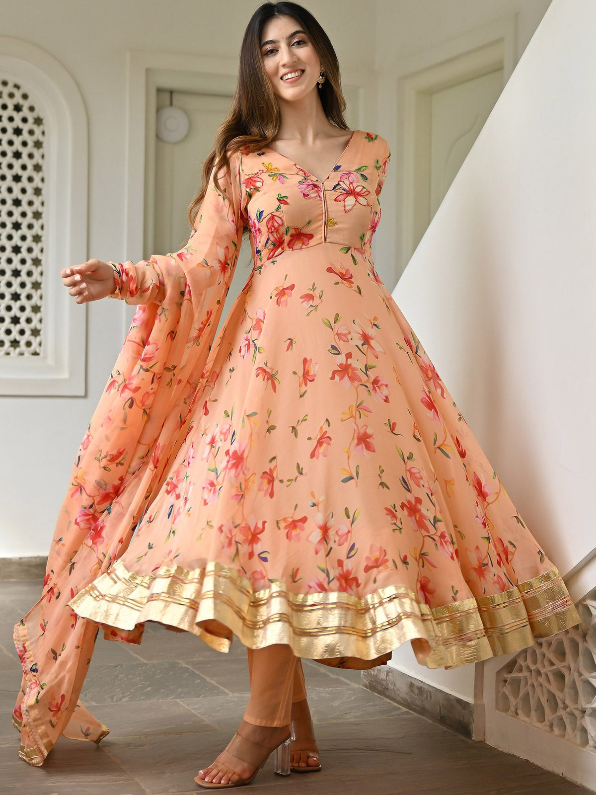 Peach Printed Anarkali