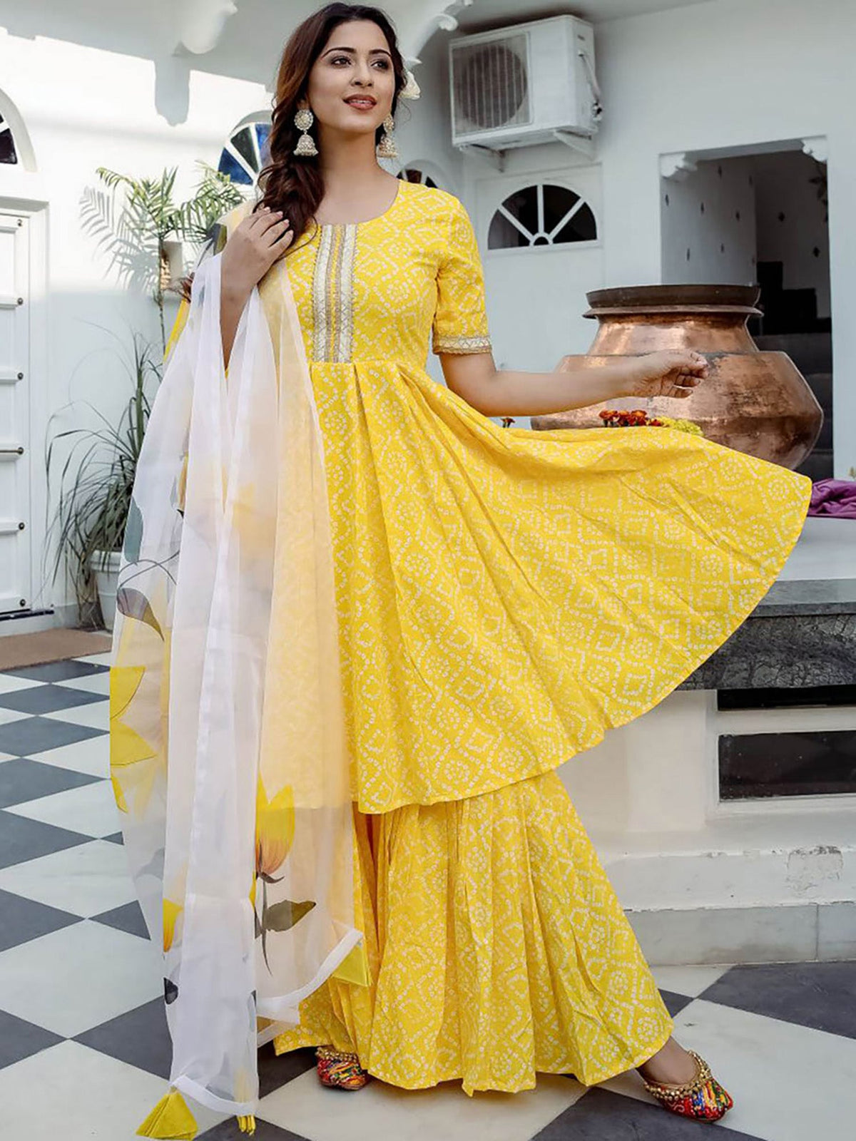 Yellow Cotton Sharara Suit Set