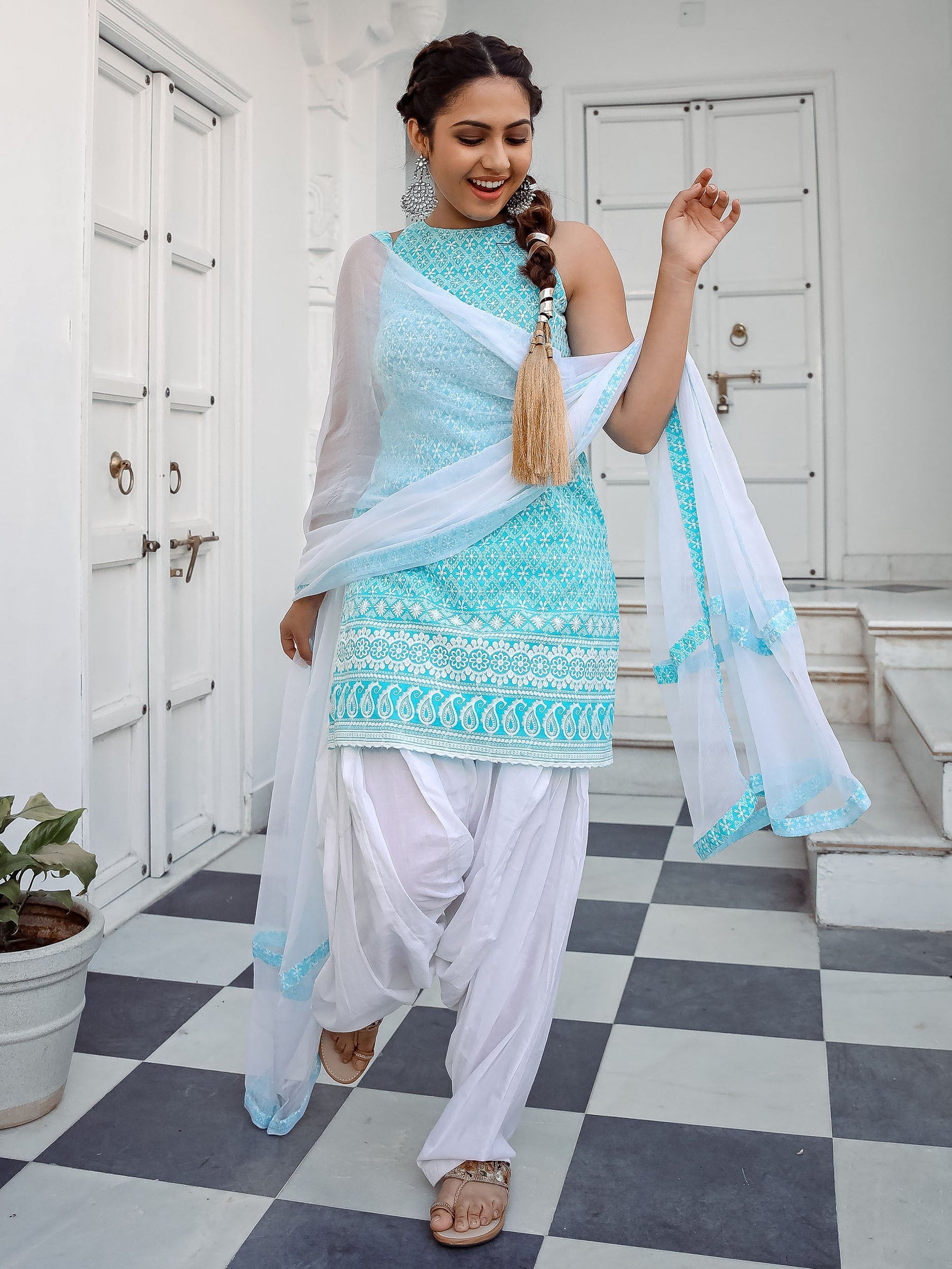 Blue Cotton Reem Patiala Set