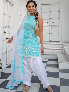 Blue Cotton Reem Patiala Set