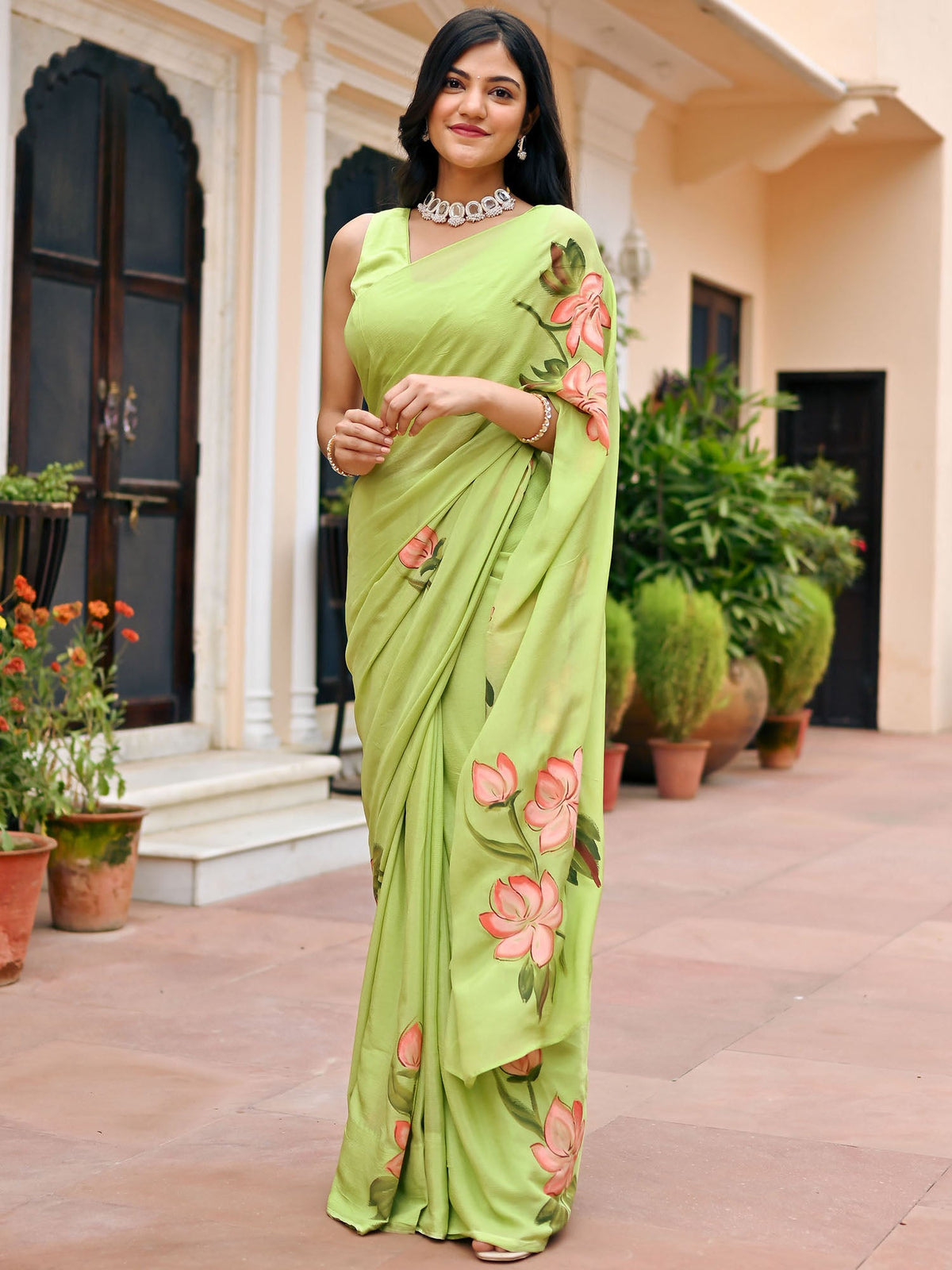 Green Handbrush Chiffon Saree