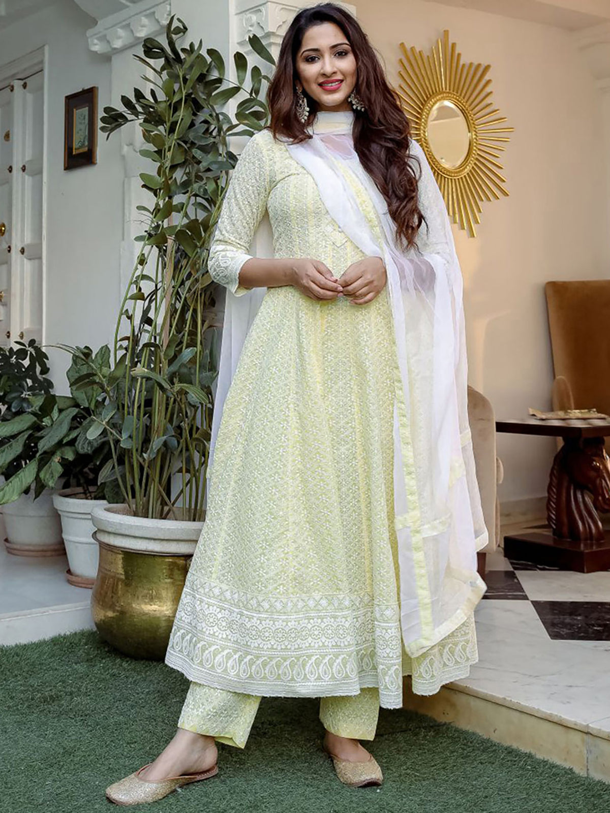 Yellow Chikankari Anarkali Suit Set