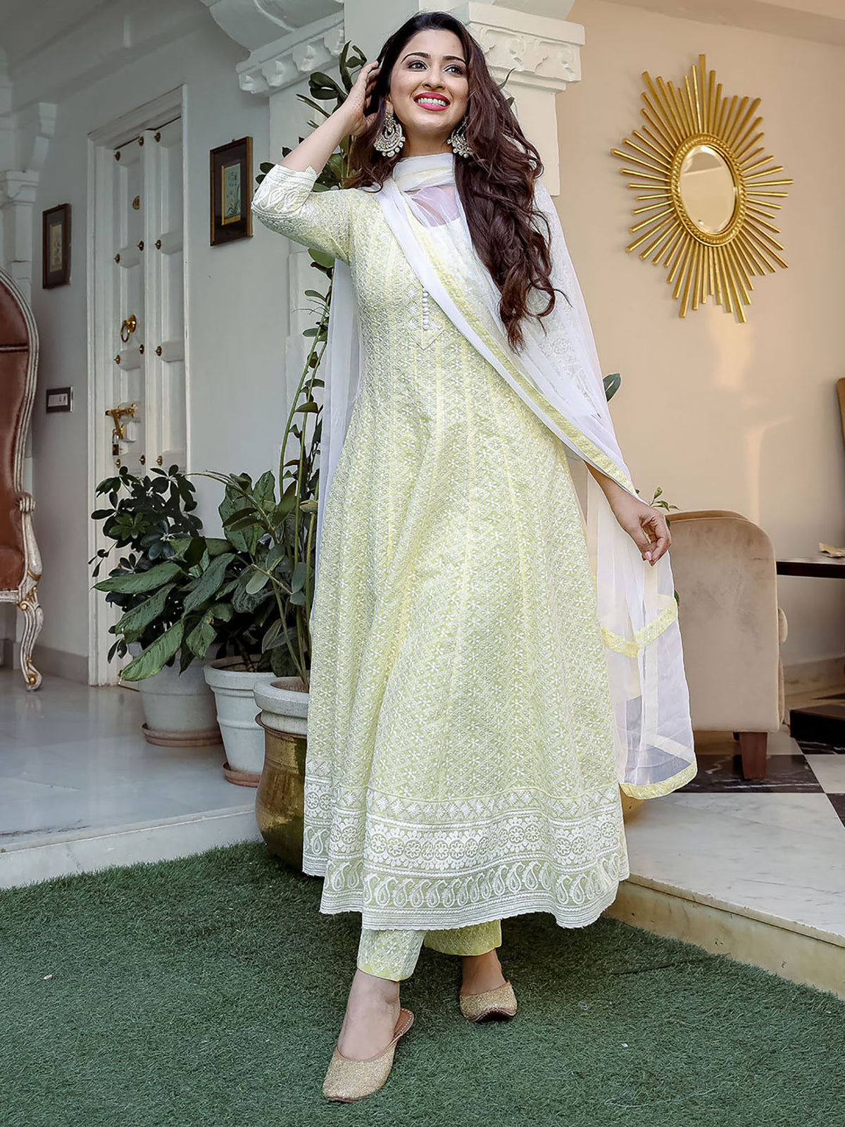 Yellow Chikankari Anarkali Suit Set