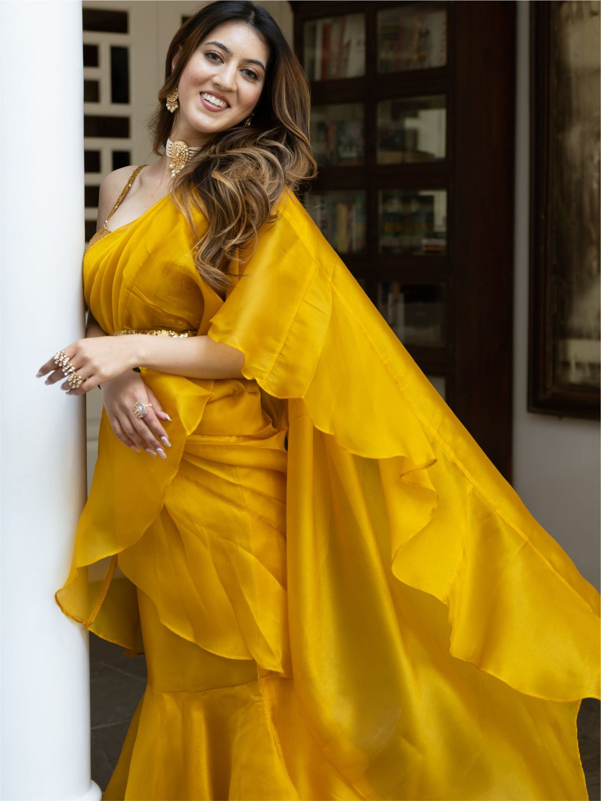 Yellow Sequin Organza Ruffled Saree