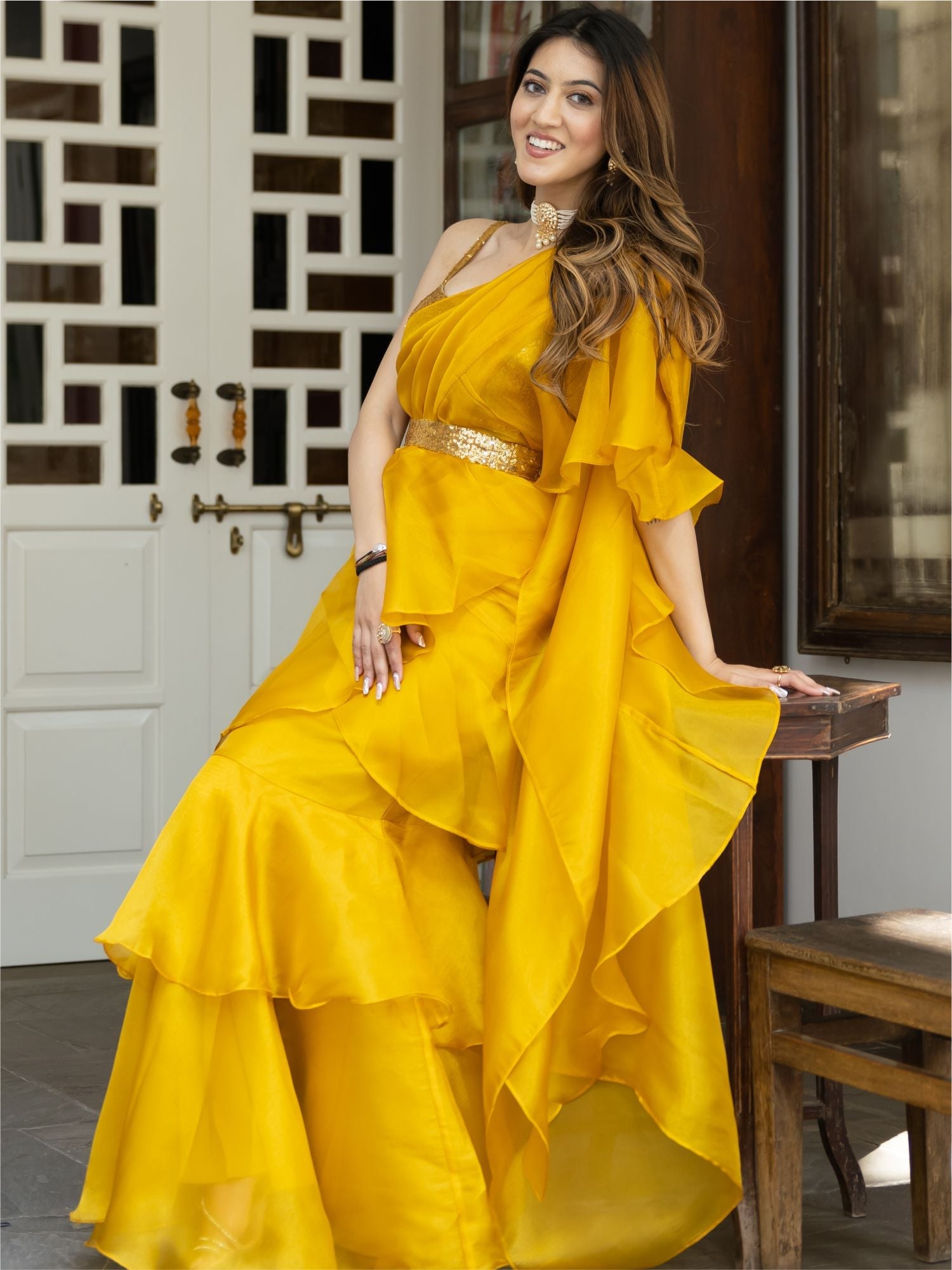 Yellow Sequin Organza Ruffled Saree