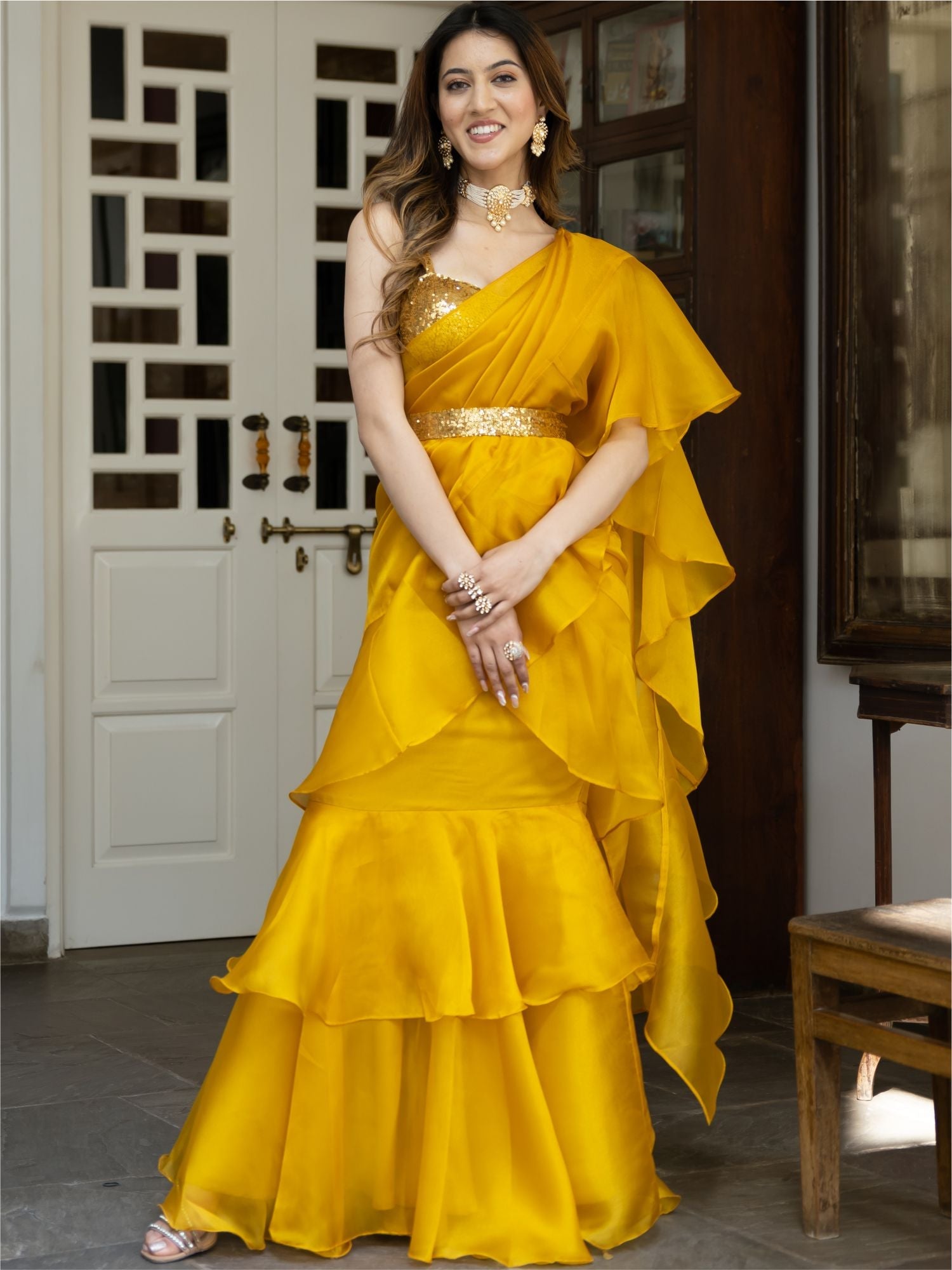 Yellow Sequin Organza Ruffled Saree