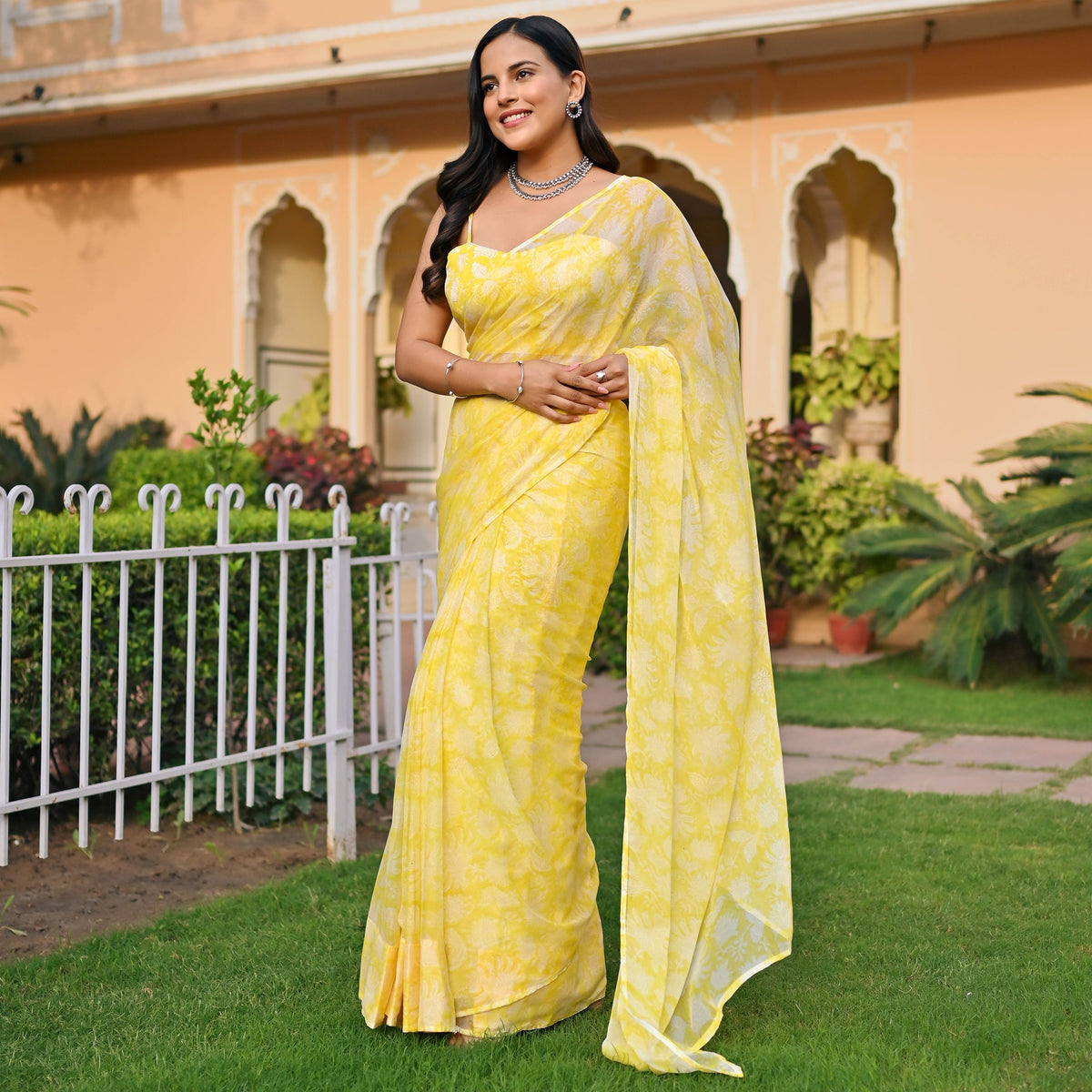 Yellow Handblock Printed Chiffon Saree