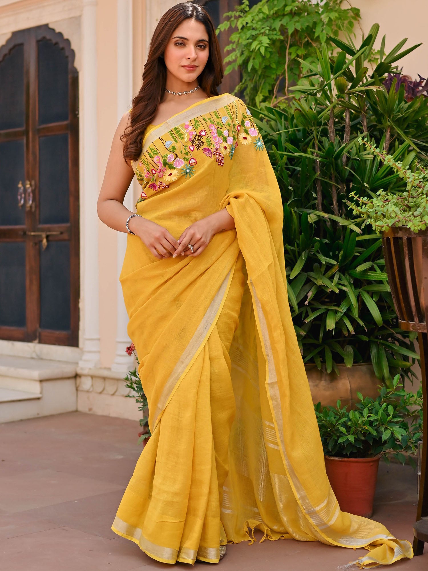 Yellow Pure Linen Embroidered Saree